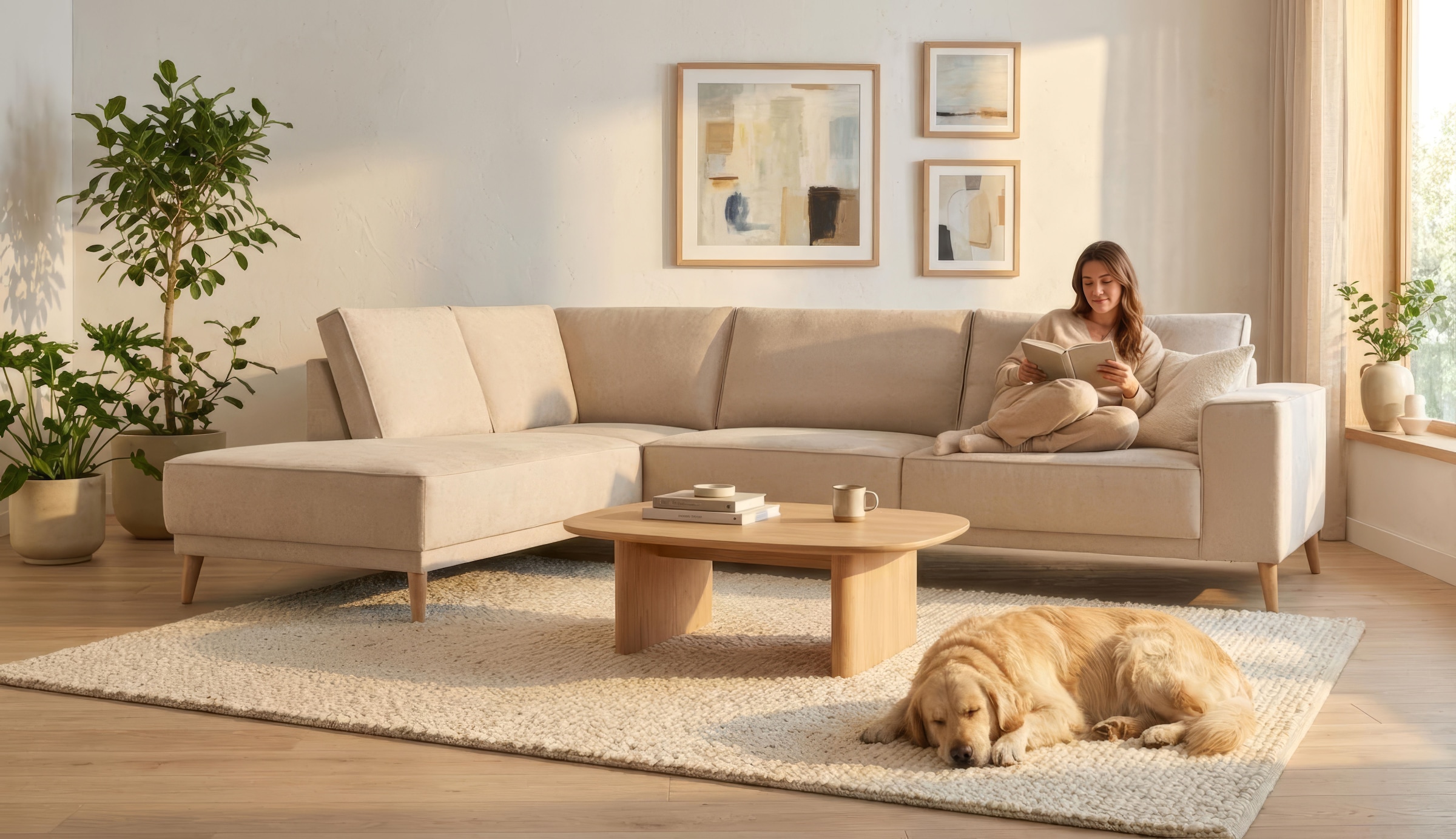 OTTO home Ecksofa "Oland Skandi, weicher Chenille-Stoff" L-Form, 289 cm, Wellenunterfederung, Skandi-Design, Massivholzfüße
