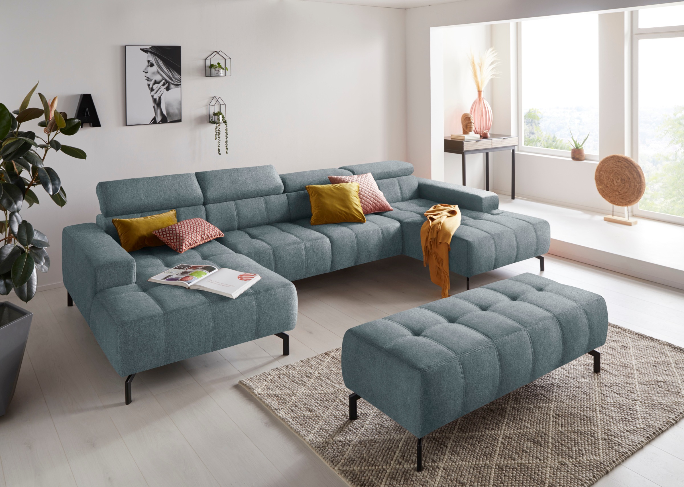 DOMO collection Wohnlandschaft »Cunelli tolle Sitznähte als Designelement, fester Sitzkomfort, U-Form«, wahlweise mit Kopfteilverstellung, bodenfrei