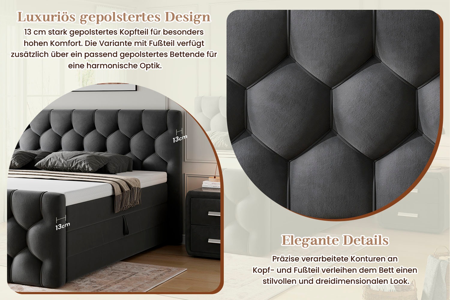 OTTO home Boxbett »BASILL, Polsterbett mit Bettkasten und Taschenfederkernmatratze H3« mit 7cm Komfortschaum-Topper, Samt-Bezug, 180x200cm