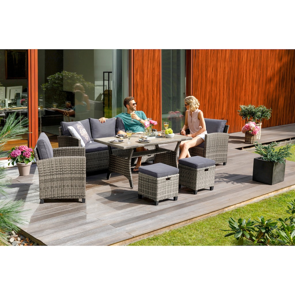 KONIFERA Gartenlounge-Set »Amsterdam«, (Set, 16 tlg., 1x 3er Sofa, 1x 2 Sessel, 2x Hocker, 1xTisch 144,5x74x67cm,Polyrattan), Stahl, Ablagefläche unter dem Tisch, Loungeset