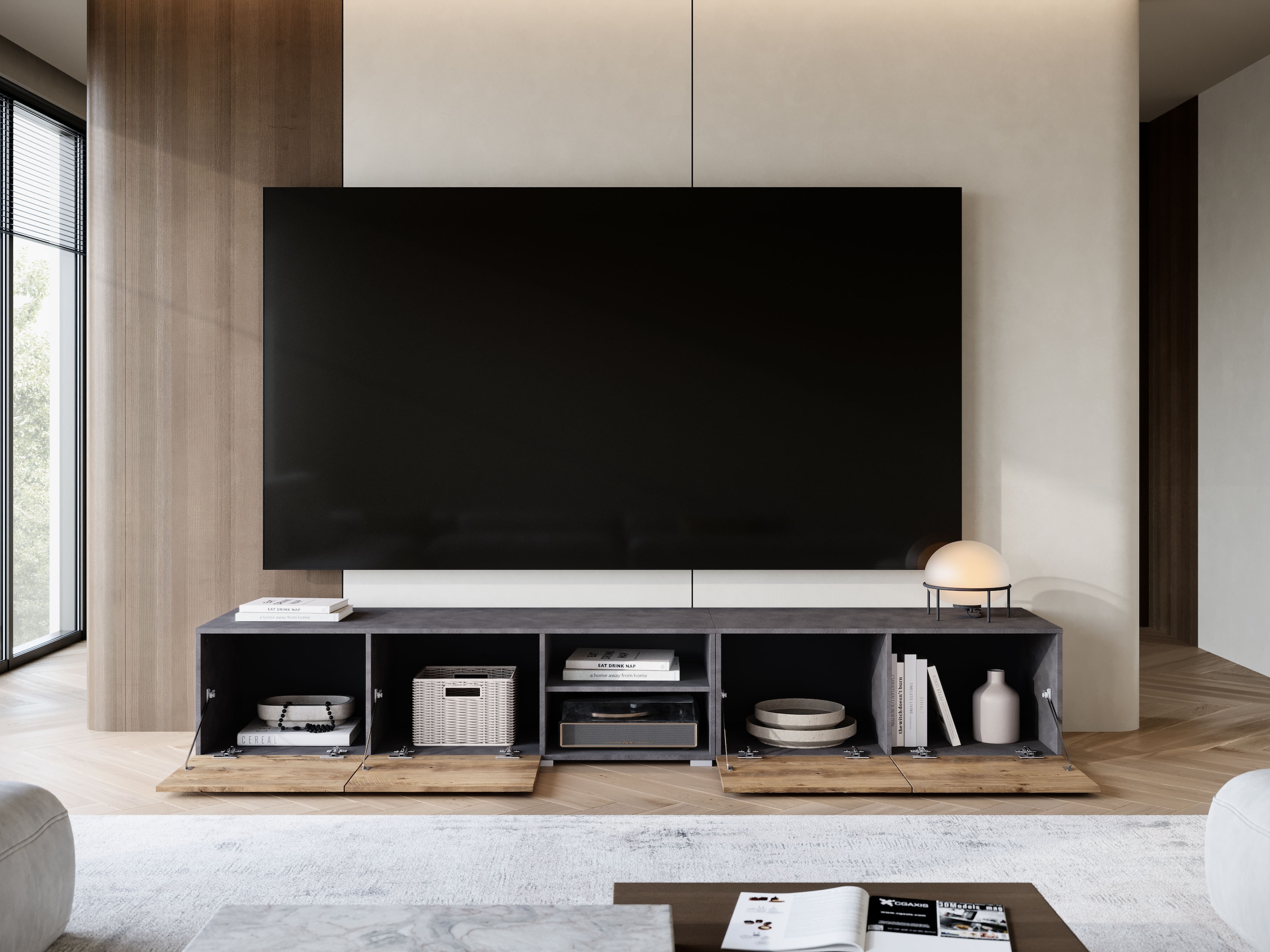 OTTO home Lowboard »Denver 250 cm für bis zu 98-Zoll TVs - Weltmeisterschaft im XXL Format« Wahlweise mit oder ohne offenes Fach in der Mitte