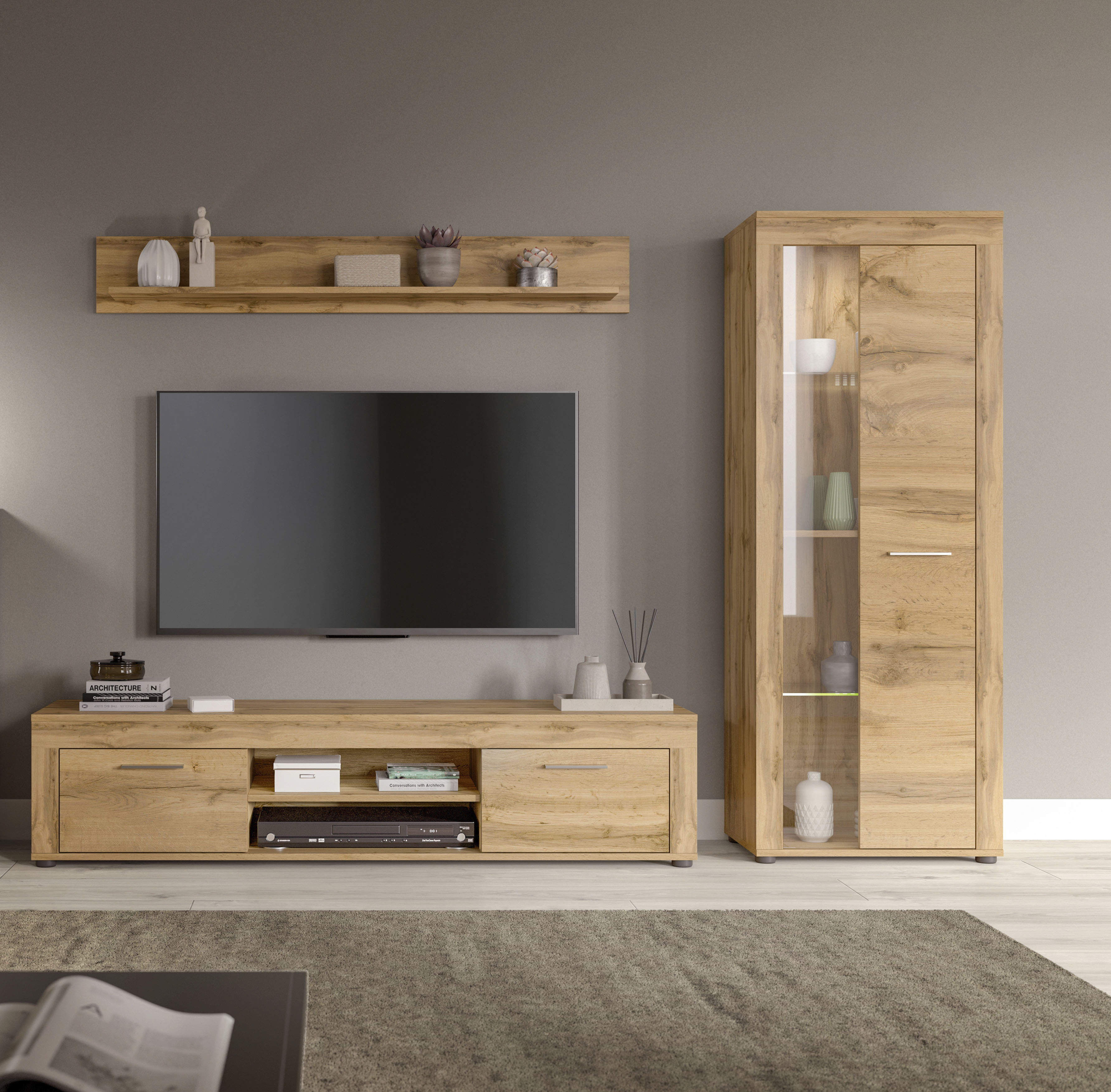 OTTO home Wohnwand "AOSTA, Breite 235cm, 3-teilige Wohn-Kombination" bestehend aus: Lowboard, Wandboard, Vitrine, 3 Stk. tlg.