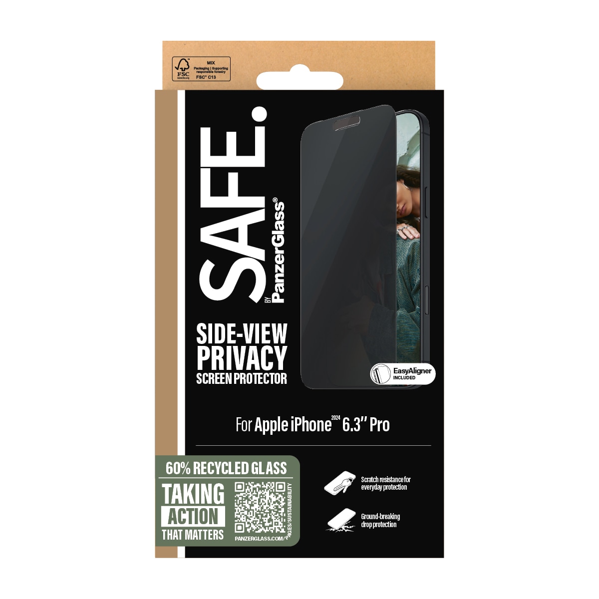 SAFE by PanzerGlass Displayschutzglas »Side-View Privacy Screen Protection«, für Apple iPhone 16 Pro Max, (1 St.), Displayschutzfolie, Schutzfolie, Bildschirmschutz, kratz- & stoßfest