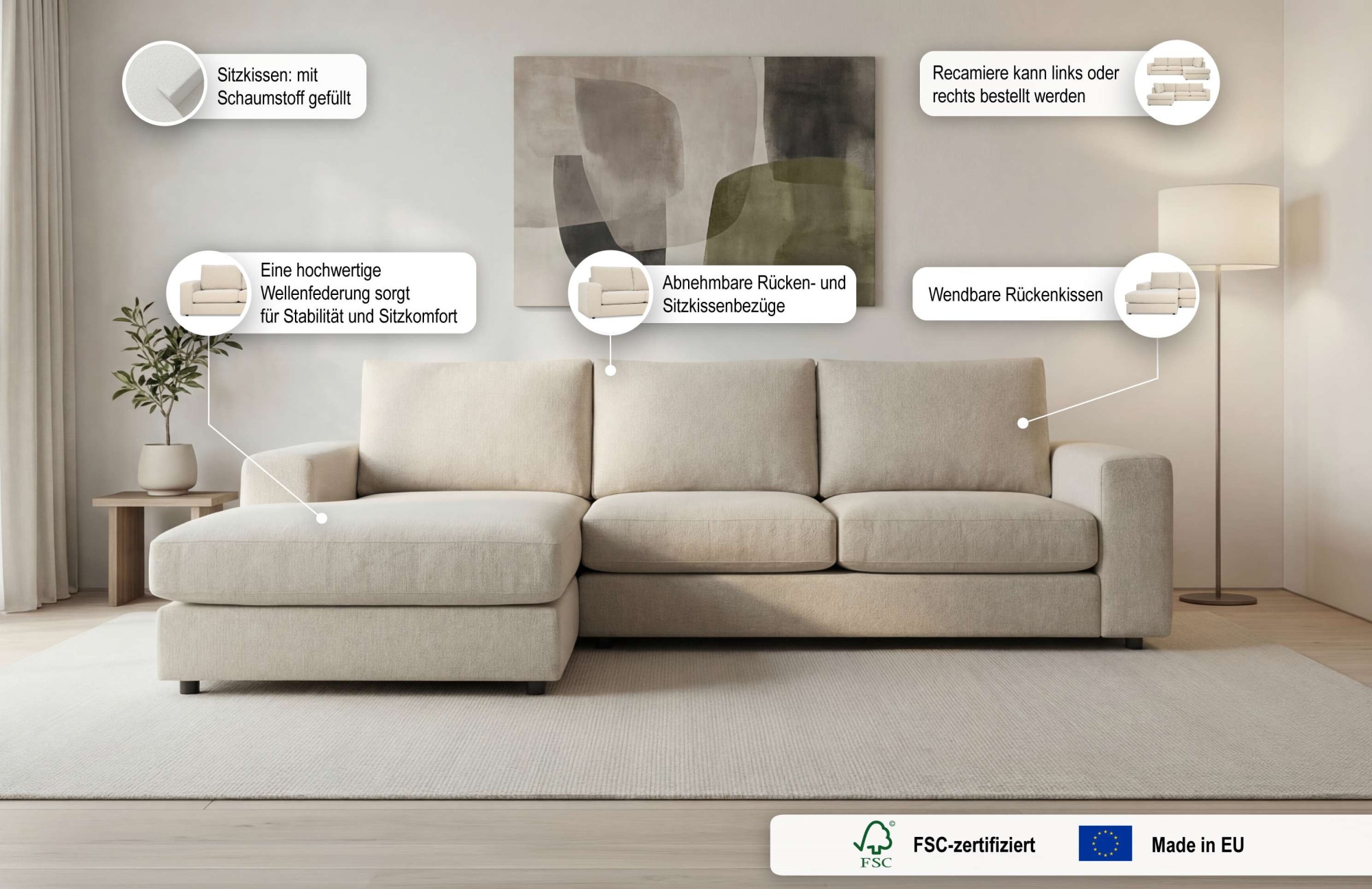 OTTO home Ecksofa »Nivette, weiches Chenille« Breite 269 cm, L-Form, bodentief, mit Wellenunterfederung