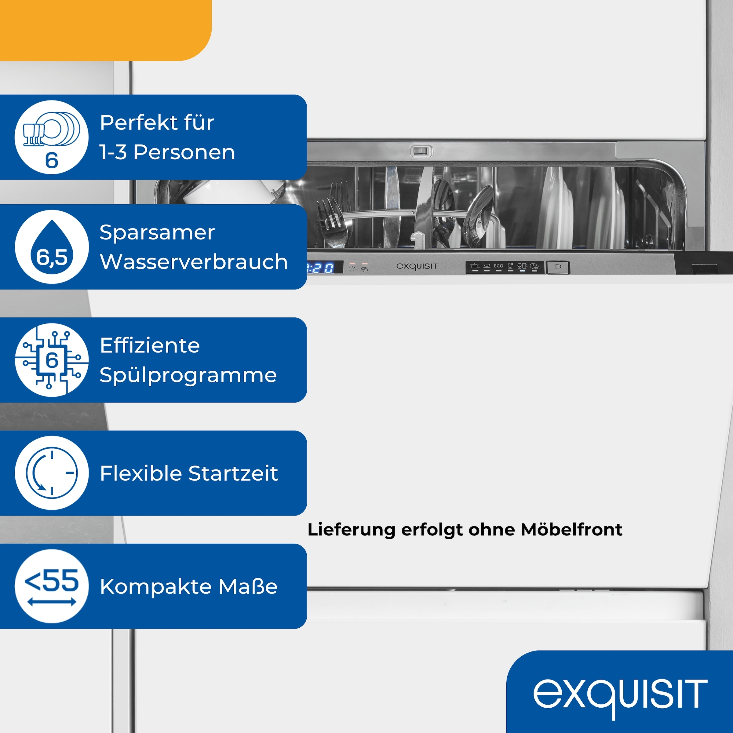exquisit vollintegrierbarer Geschirrspüler 1060 »EGSP1060-E-030D« 6,5 l 6 tlg. Maßgedecke Kompakt in Arbeitshöhe einbaubar - Rückenschonendes Geschirreinräumen