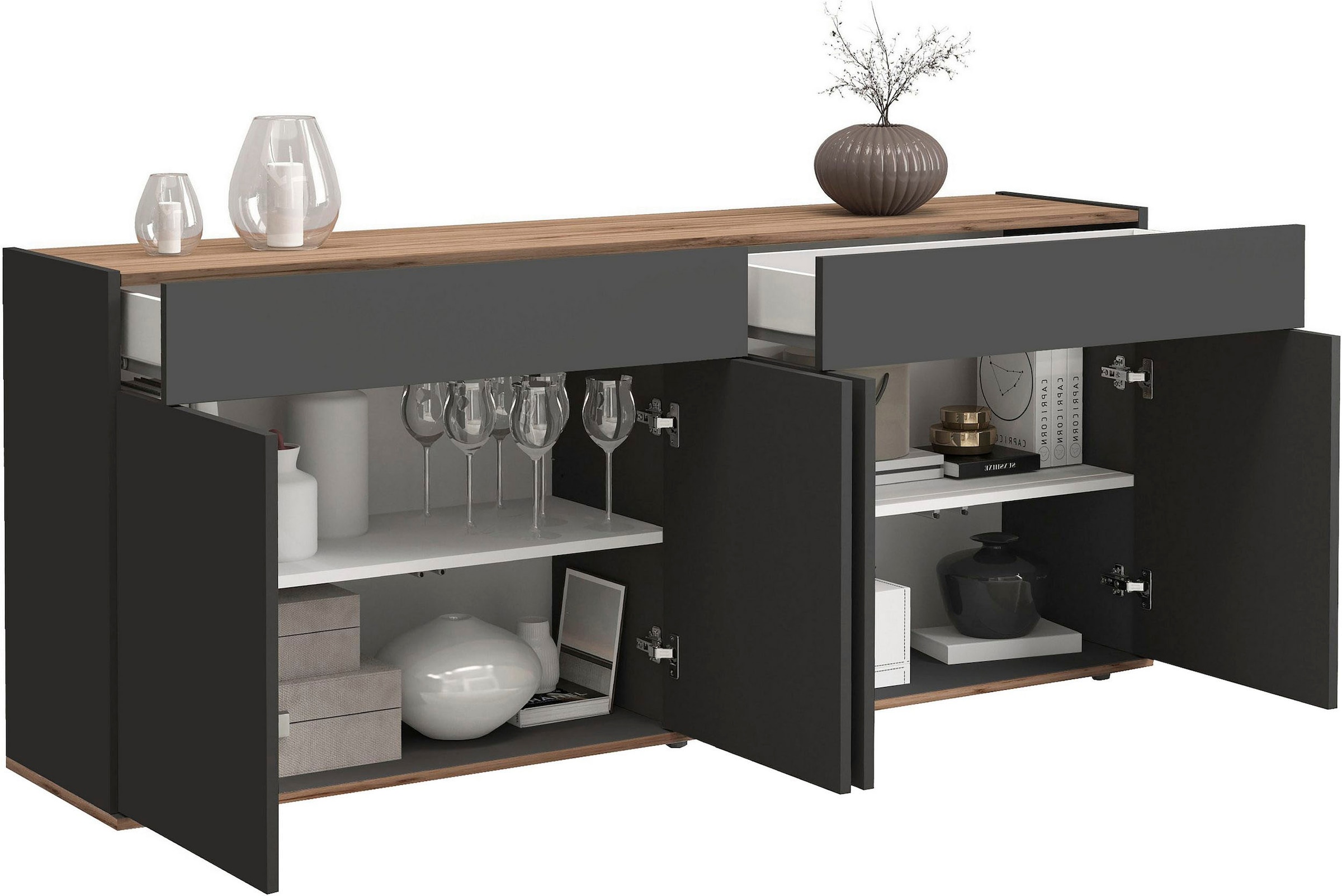 INOSIGN Sideboard »Garda Kommode, Schrank, 4 Türen mit Push-to-Open, Made in Italy« 4 Türen, 2 Schubladen, grifflos  Breite 160,1 cm, anthrazit/eiche matt