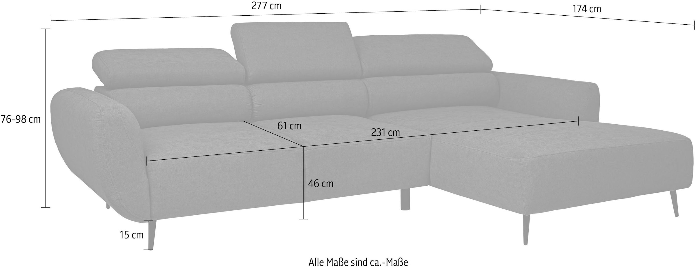 WERK2 Ecksofa »Alisson Sitztiefe elektrisch verstellbar, verstellbare Kopfstützen« Schwebendes L-Form Sofa in Cord, 15 cm bodenfrei (saugrobotergeeignet)