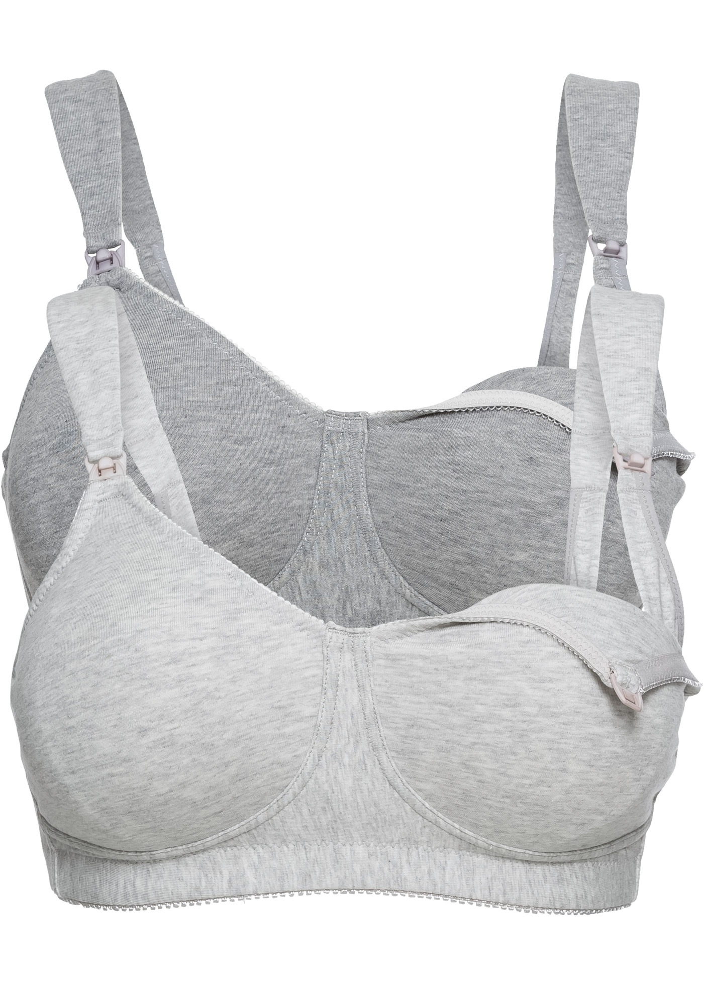 Still-BH BONPRIX "Still BH ohne Bügel mit Baumwolle (2er Pack)", Damen, Gr. 100, Cup F, grau (hellgrau meliert, natur meliert), Obermaterial: 90% Baumwolle, 10% Elasthan. Futter: 90% Baumwolle, 10% Elasthan, BHs Still-BH, für den Alltag, mit Klickverschlu
