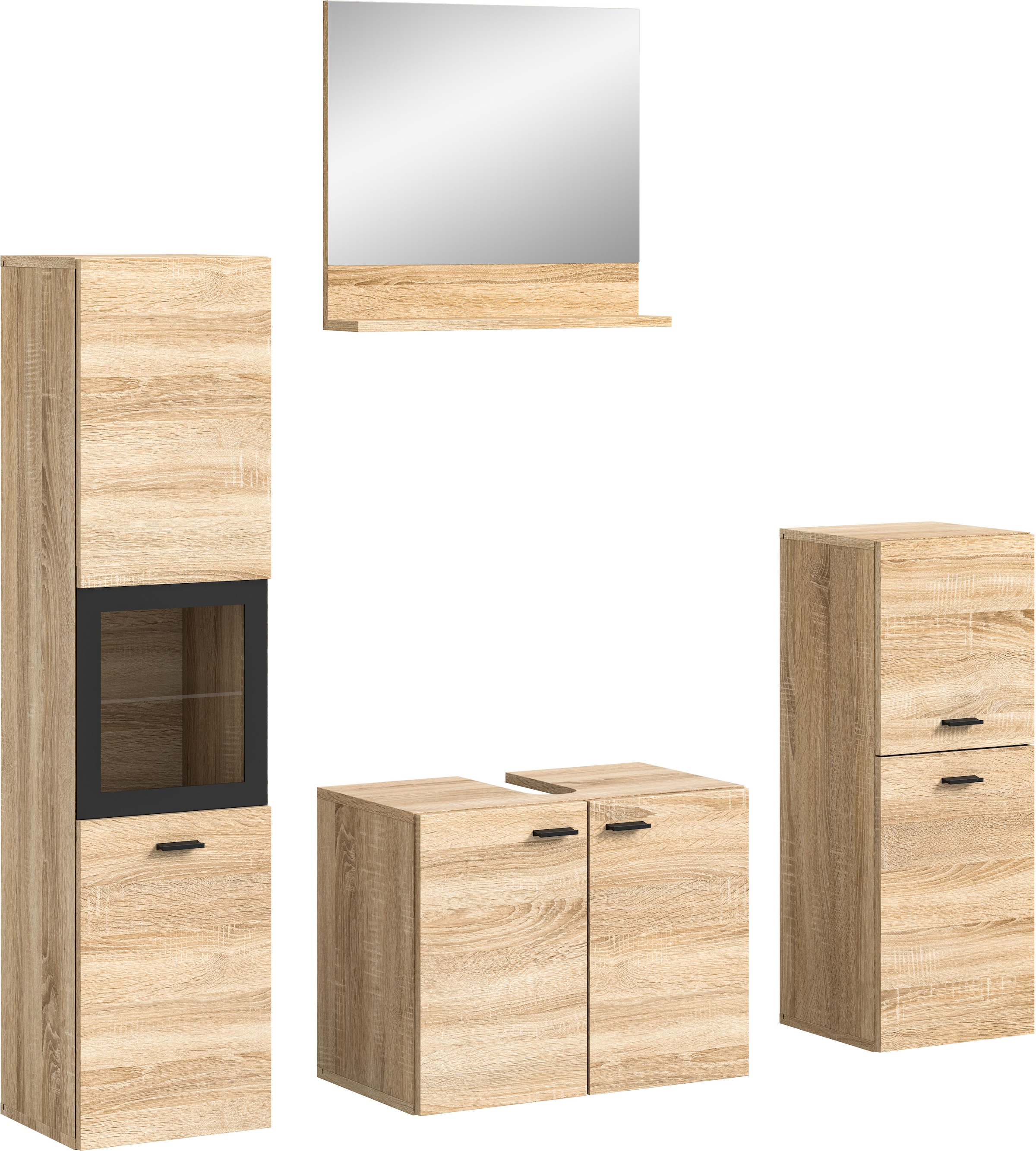 welltime Badmöbel-Set »Tampa, Breite 137cm, 4-teilig«, (4 St.), Waschbeckenunterschrank, Spiegel, Hochschrank, Midischrank