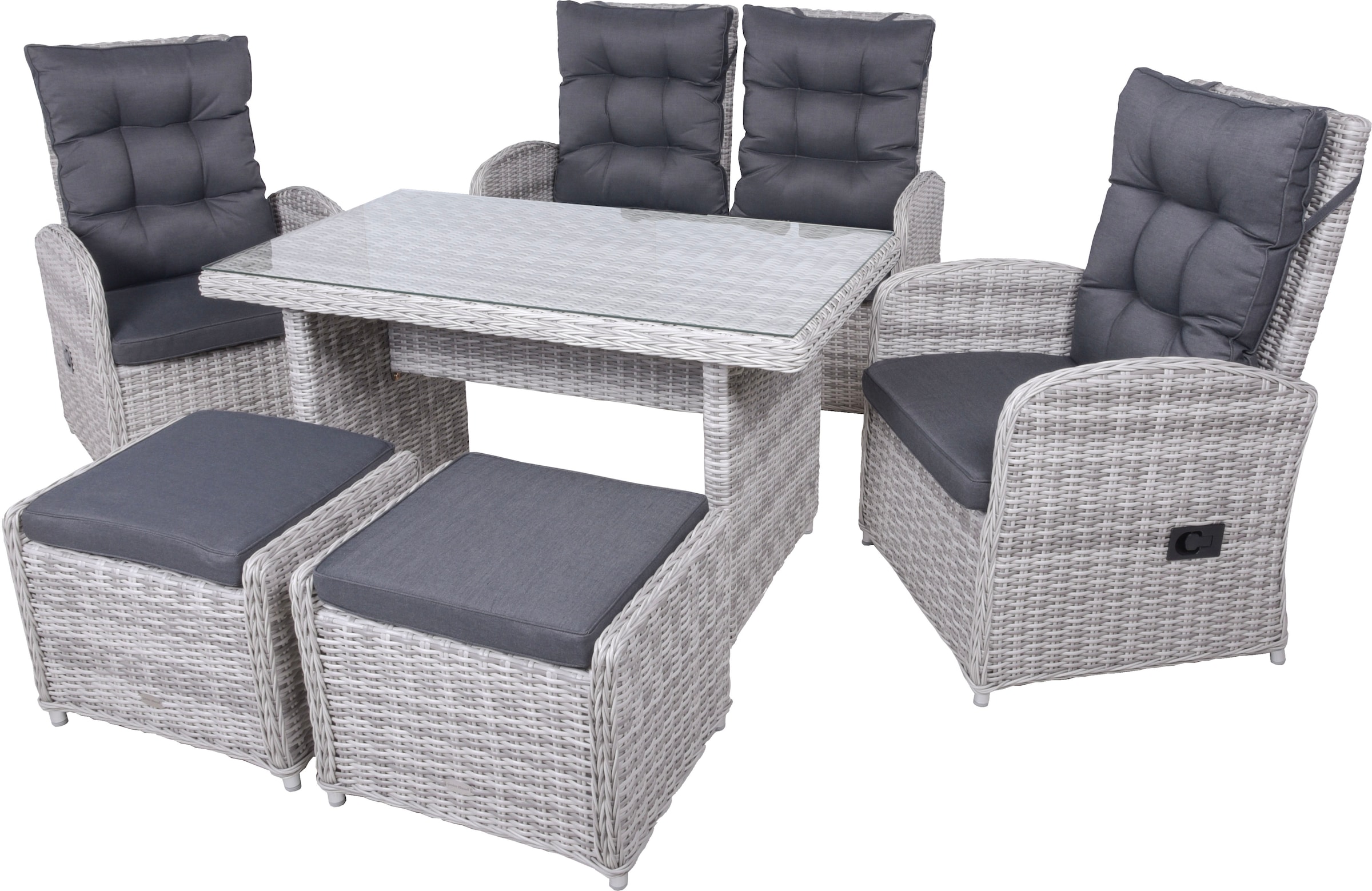 Garden Pleasure Garten-Essgruppe ", Tischgruppe "LYON" grau", (Set), 2 Sessel, 1 Bank, 2 Hocker, Tisch LxB: 122x72 cm, i