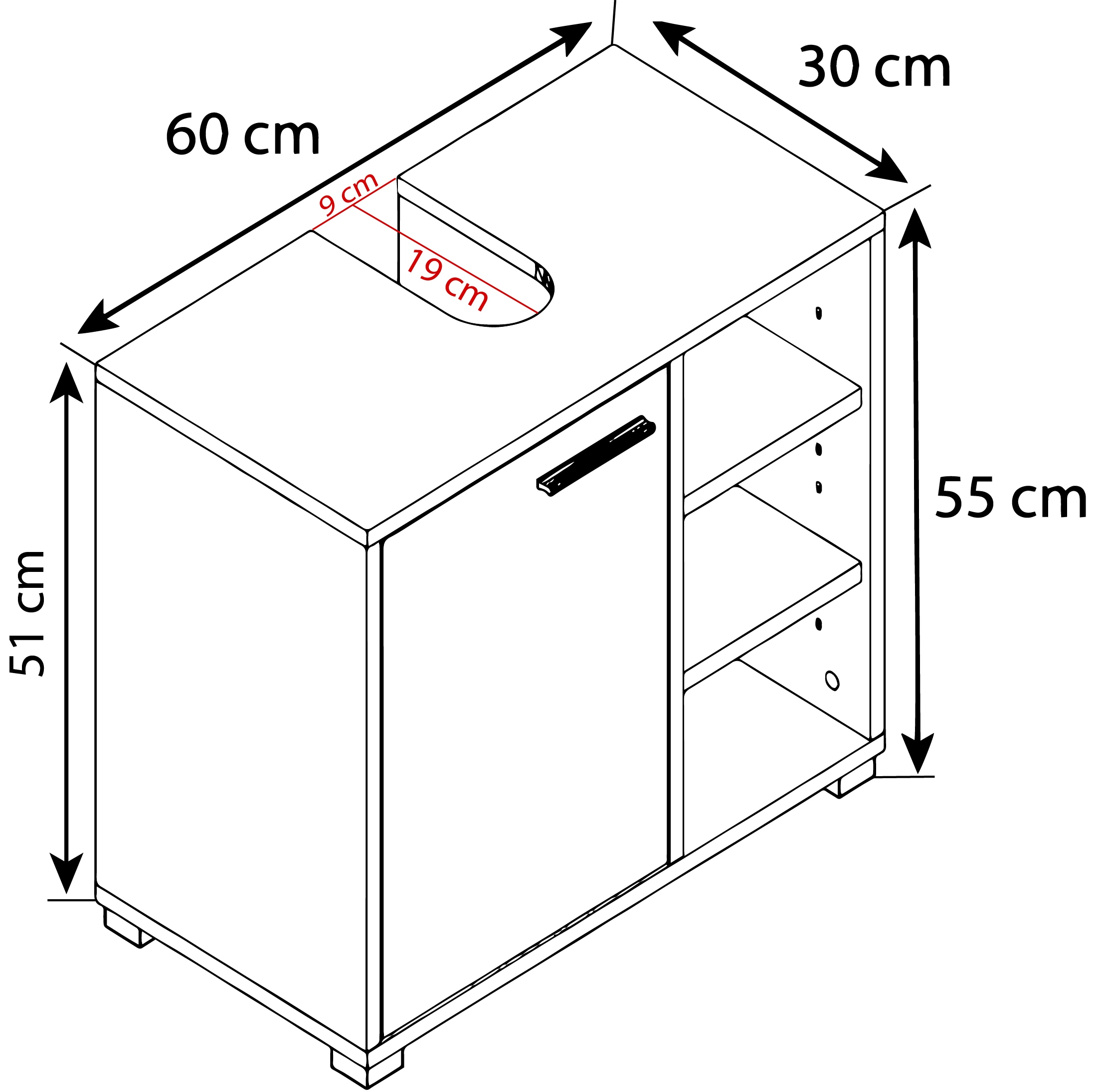 VCM Waschbeckenunterschrank »VCM Holz Waschbeckenunterschrank | Badschrank | Maße: H. 58 x B. 60 x T. 30 cm | 1 Drehtür | 3 kleine offene Regalfächer - Zalo L«, (1 St.)