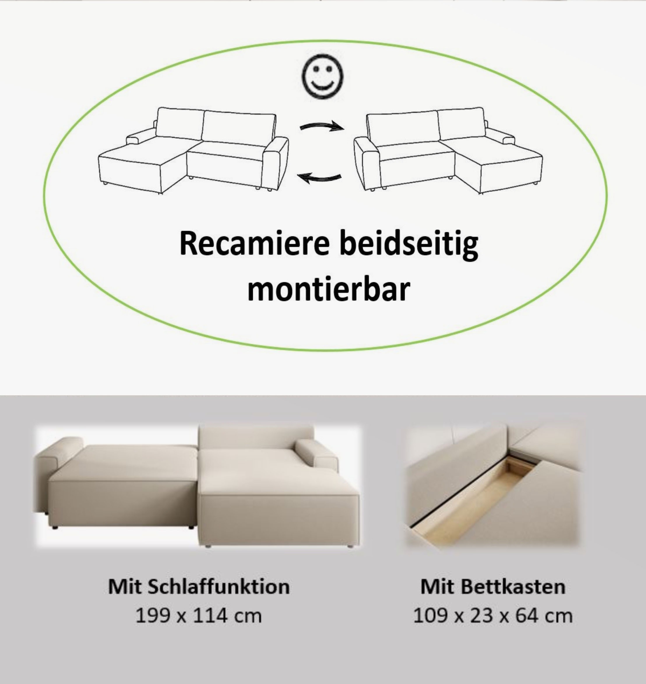 Thumbnail - TRENDMANUFAKTUR Ecksofa "Challenge, Schlafsofa mit Bettkasten, Couch in L-Form, Breite 245 cm", Recamiere beidseitig mon...