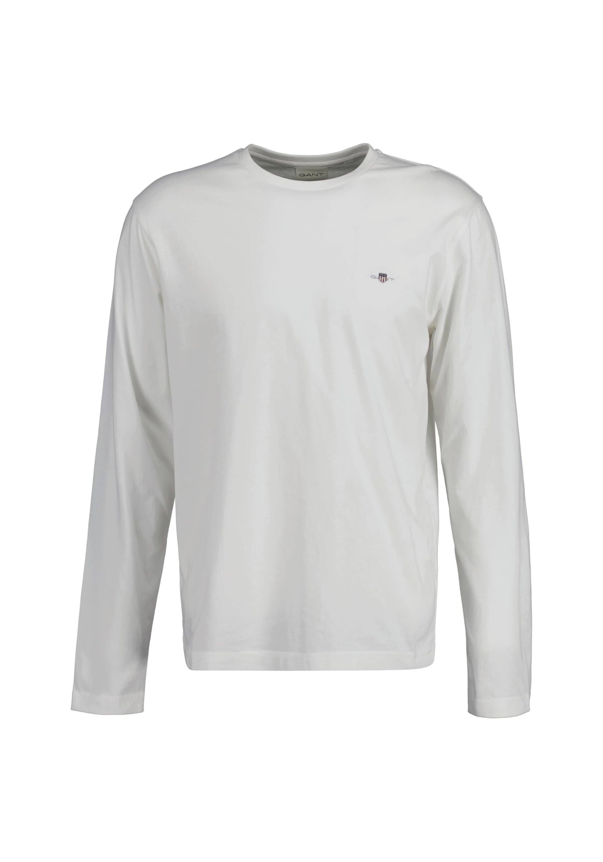 Langarmshirt GANT "REG SHIELD LS T-SHIRT", Herren, Gr. L, beige (eggshell), Jersey, Obermaterial: 100% Baumwolle, unifarben, Basic, regular fit hüftlang, Rundhals, abgesteppt, Shirts Langarmshirt, mit Logostickerei auf der Brust