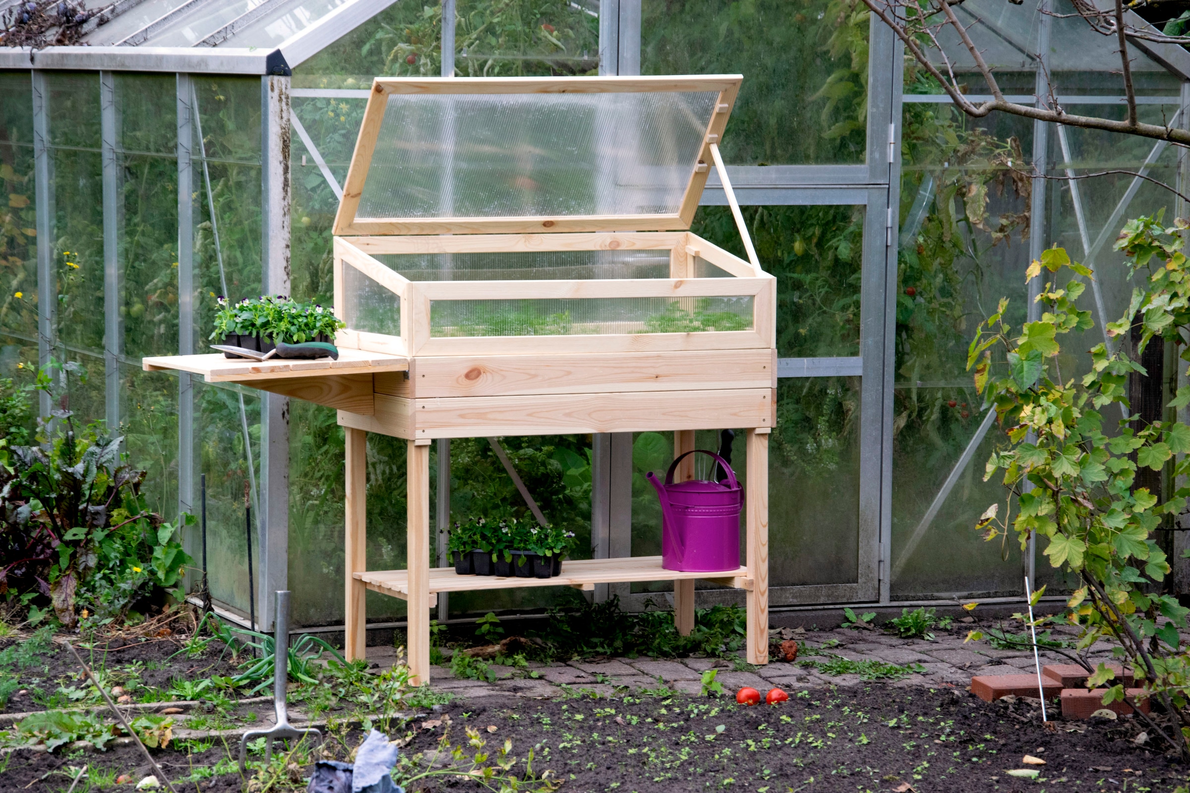 dobar Hochbeet erhöhtes Frühbeet mit Tisch & Haken, Gr. L, transparent, Kiefer
