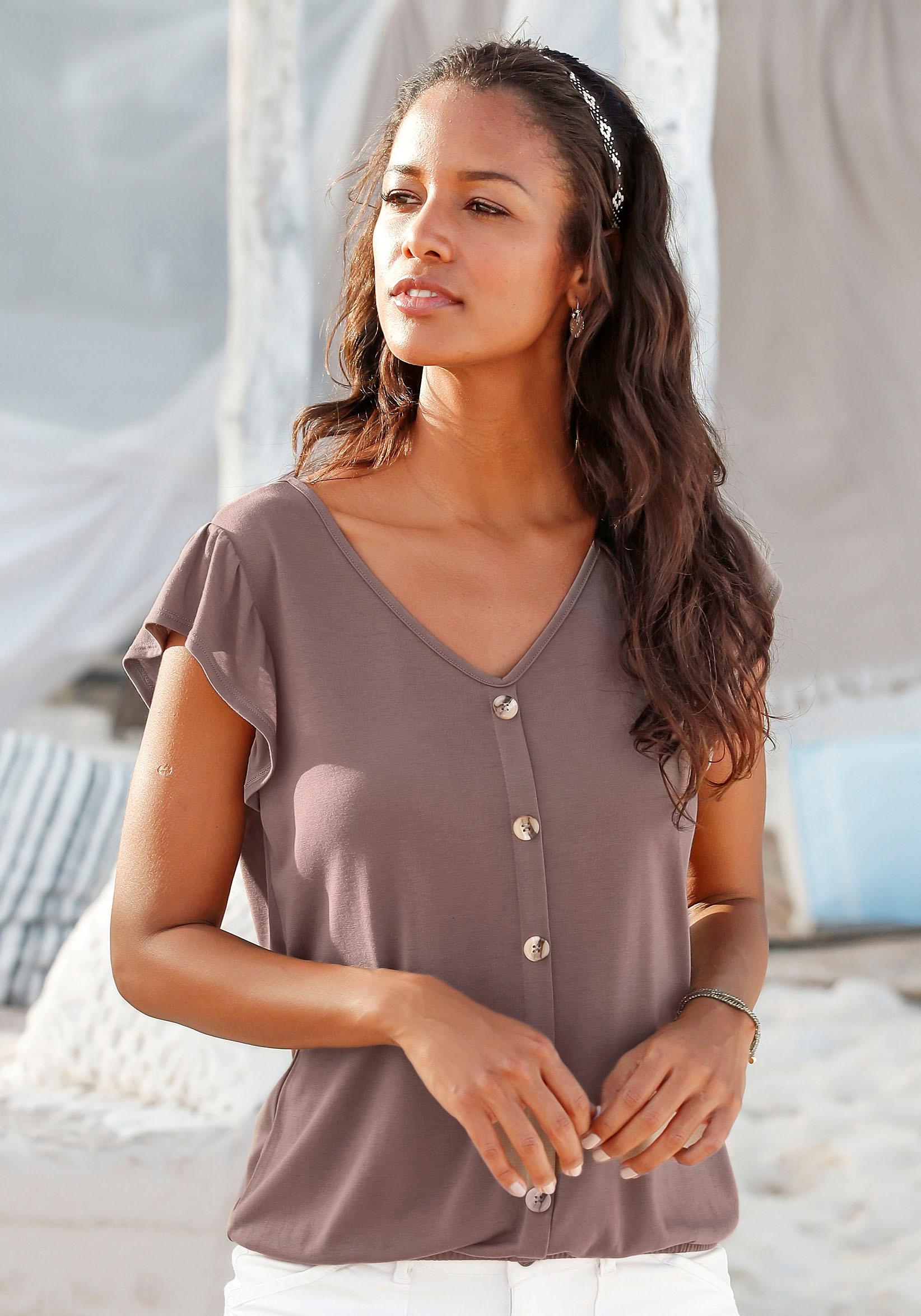 LASCANA V-Shirt "mit Zierknopfleiste" 2er-Pack, aus sommerlich leichter Qualität mit Viskose, Volantärmel