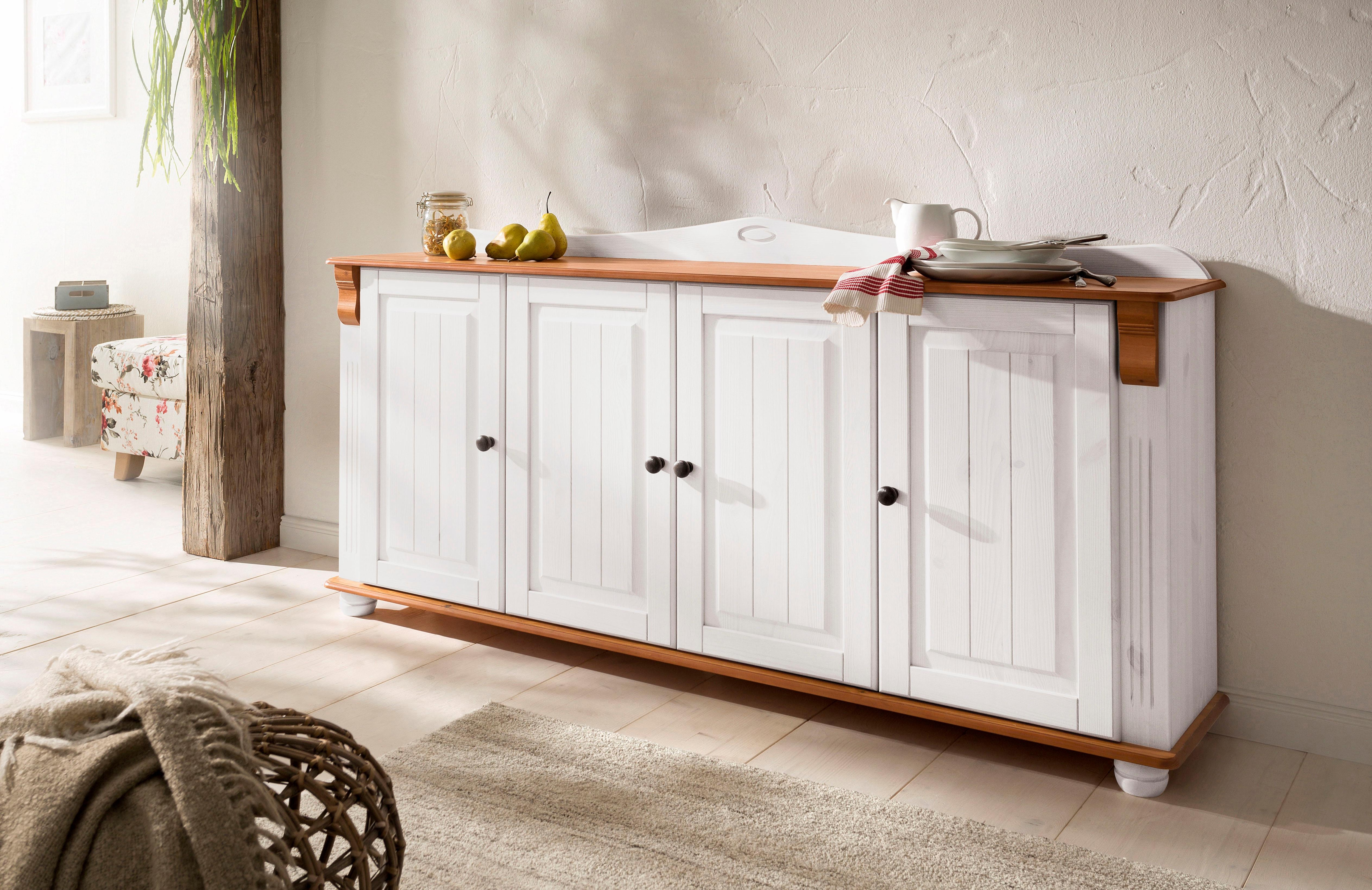 Preisvergleich für Home affaire Sideboard Adele, 4-türig, Breite 180 cm,  BxHxT 180x35x90 cm, aus Massivholz, SKU: 137309 | Ladendirekt