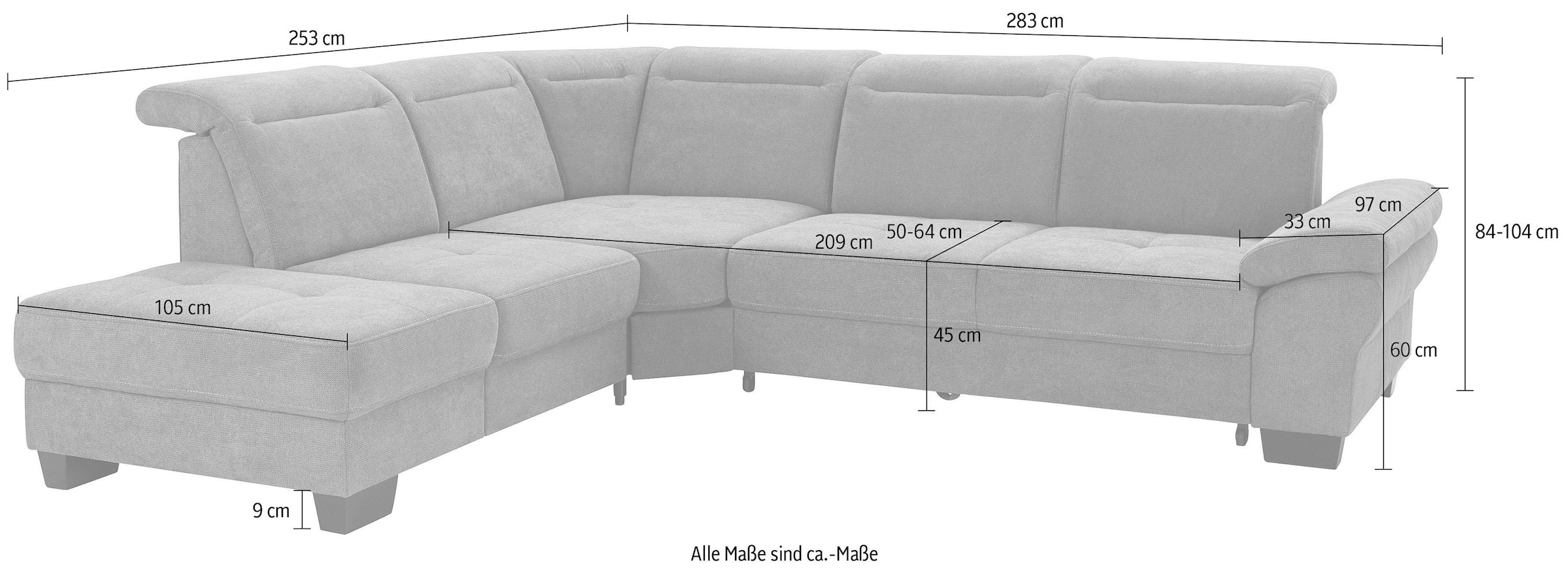 Places of Style Ecksofa »Cornwall L-Form«, incl. Sitztiefenverstellung, mit Bettfunktion und Kopfteilverstellung