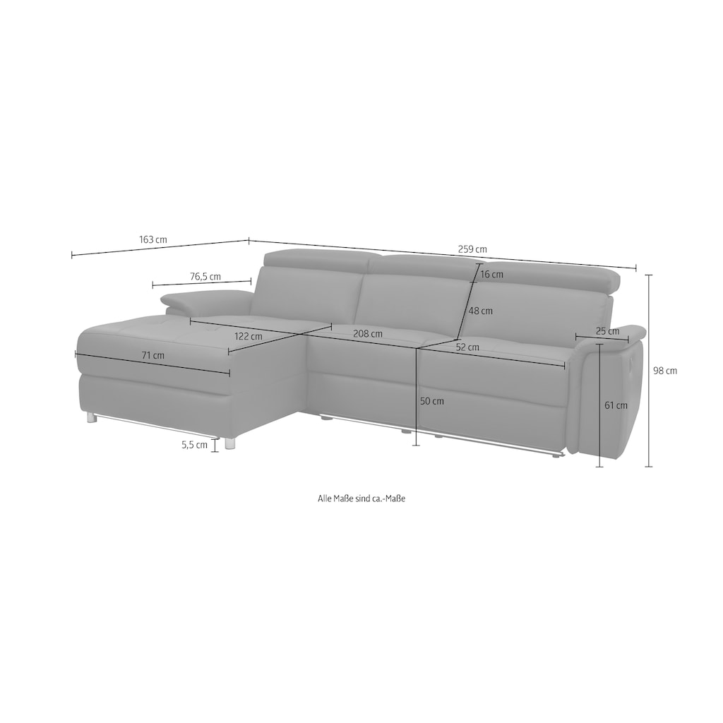 Places of Style Ecksofa »Pareli, L-Form, 259cm,m. Recamiere, Echtleder, Kunstleder, Webstoff«