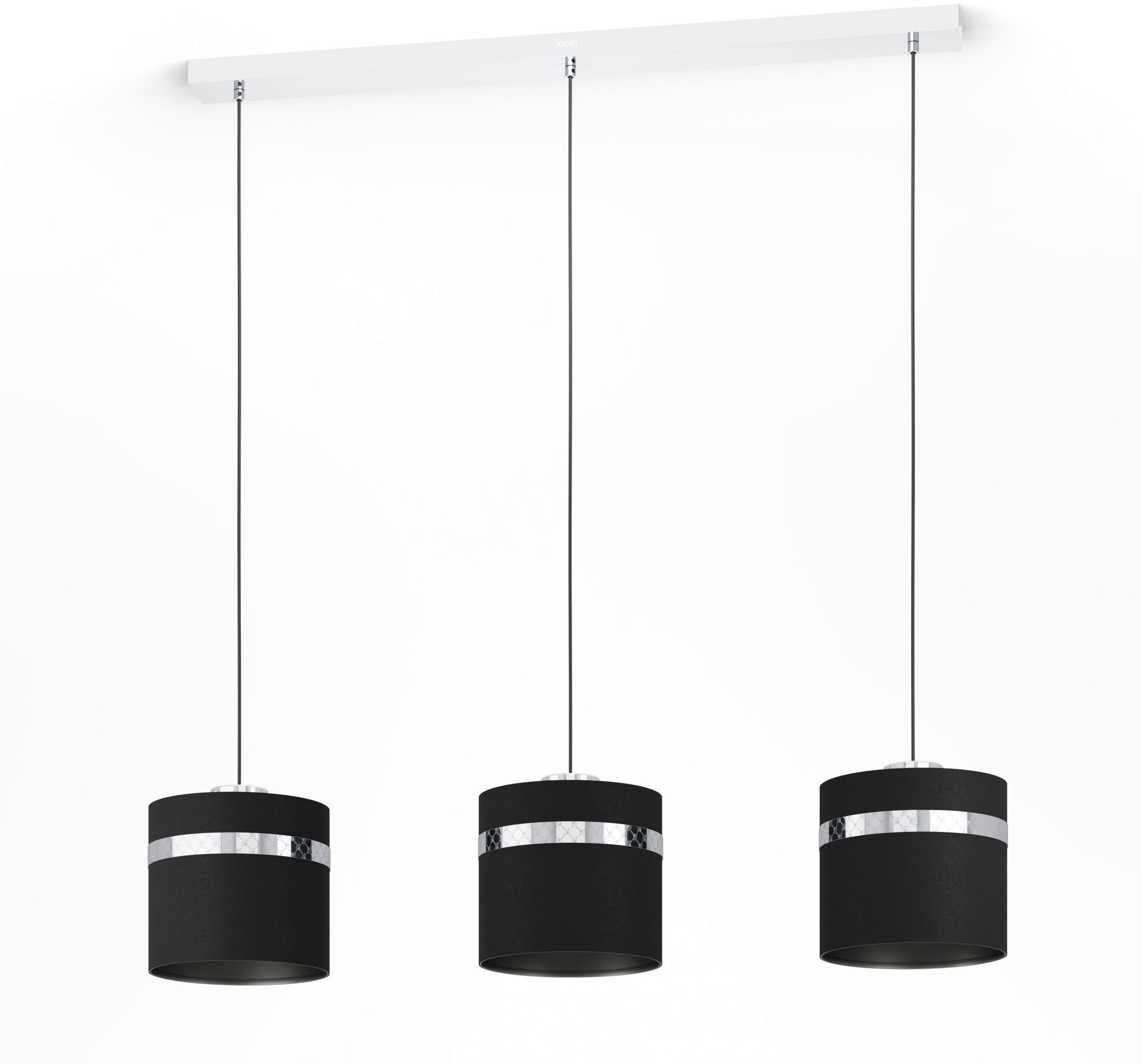 Joop Hängeleuchte ROUND LIGHTS CHROME, E27, 1 St., Warmweiß, Hängeleuchte mit runden, gewebten Textil-Leuchtenschirmen in Schwarz und eingelassenen Metall-Dekorbändern