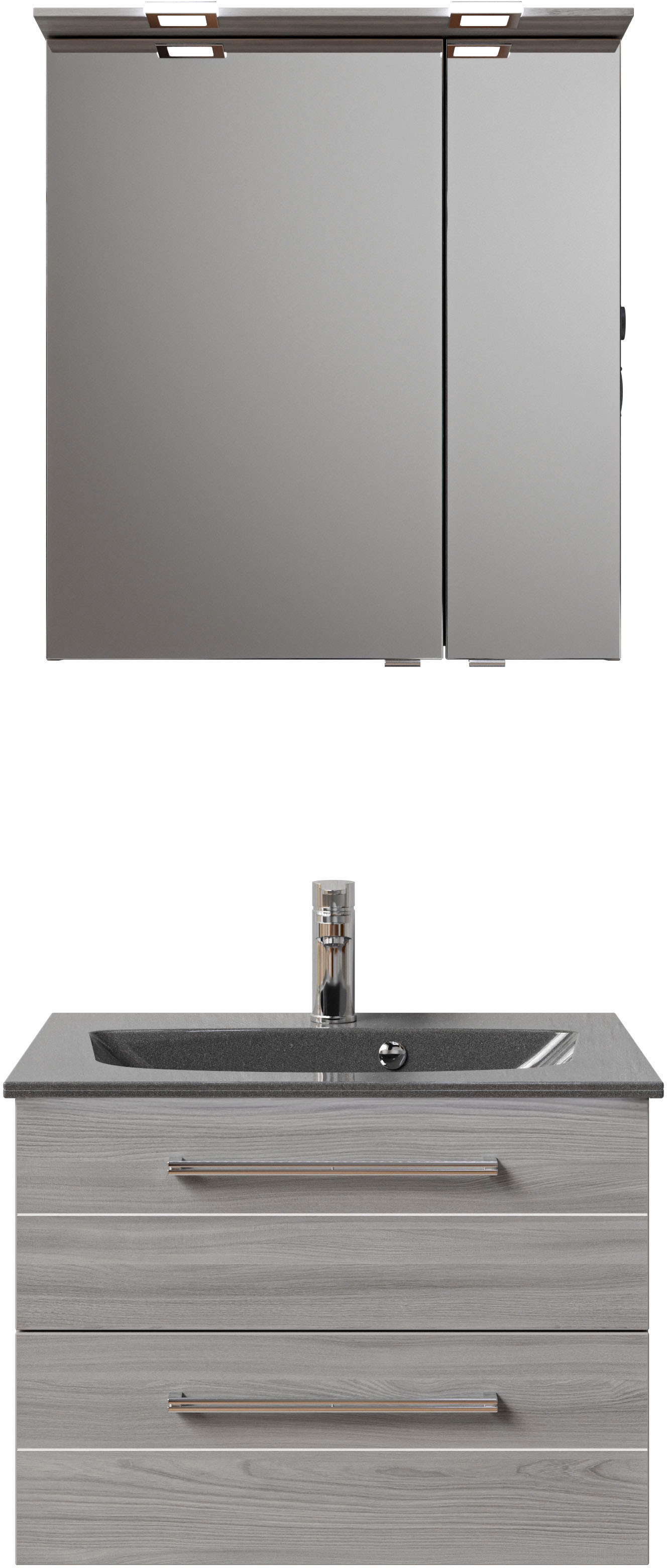 Saphir Badmöbel-Set »Serie 6025 2-teilig Mineralmarmor-Waschtisch mit LED-Spiegelschrank«, (2 St.), Waschplatz 67 cm breit, 2 Schubladen, 2 Spiegel-Türen, inkl Türdämpfer