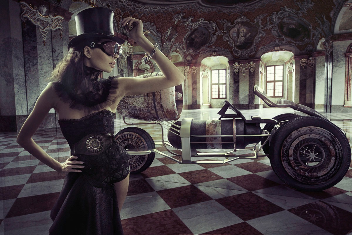 Papermoon Fototapete "STEAMPUNK-FRAU SEXY FANTASIE SURREAL KUNST RETRO AUTO"