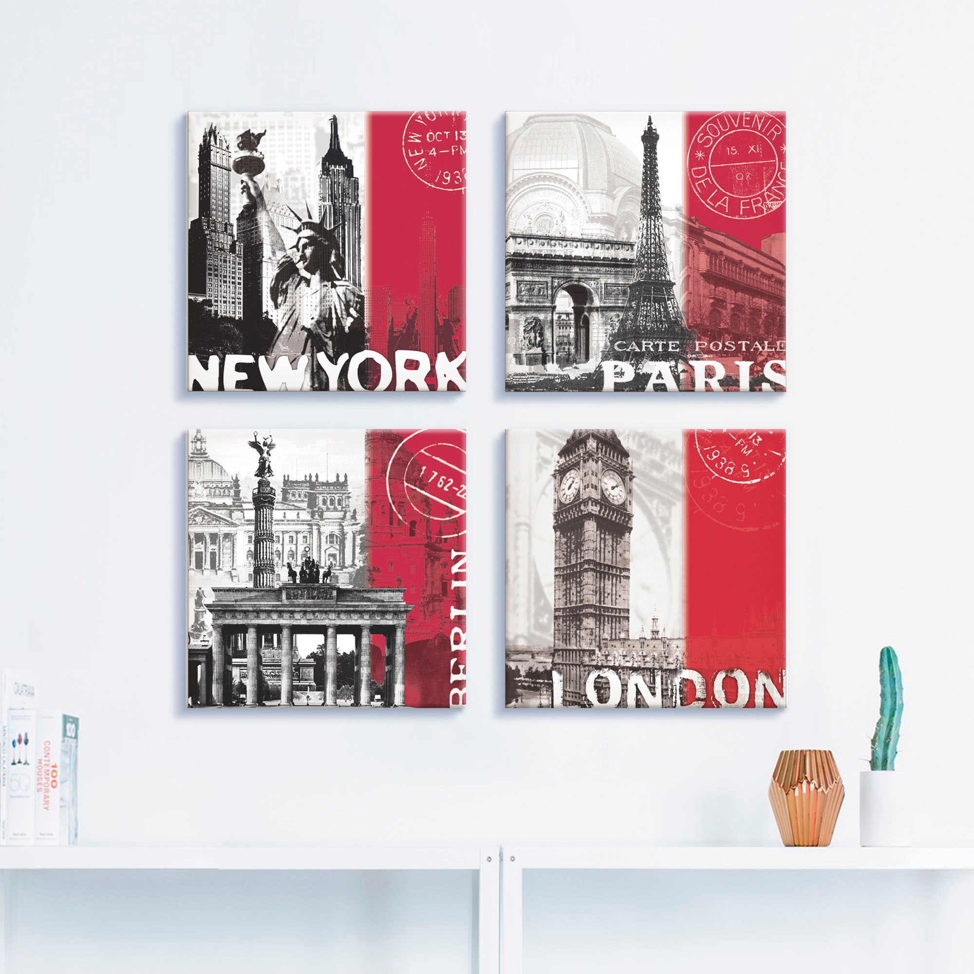 Artland Leinwandbild »New York Paris Berlin London_bordeauxrot«, Gebäude, (4 St.), 4er Set, verschiedene Größen