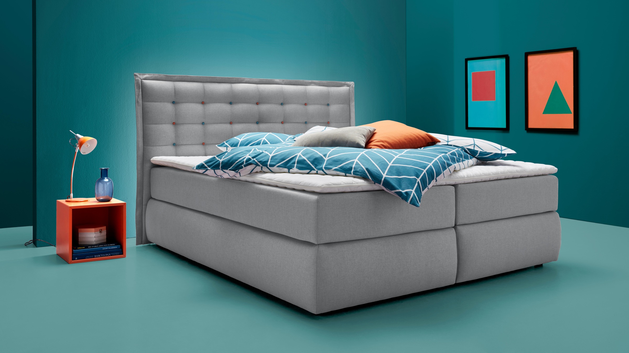 INOSIGN Boxspringbett »Sagres«, Kopfteil mit 2farbiger Flatterbiese und zweifarbigen Knöpfen
