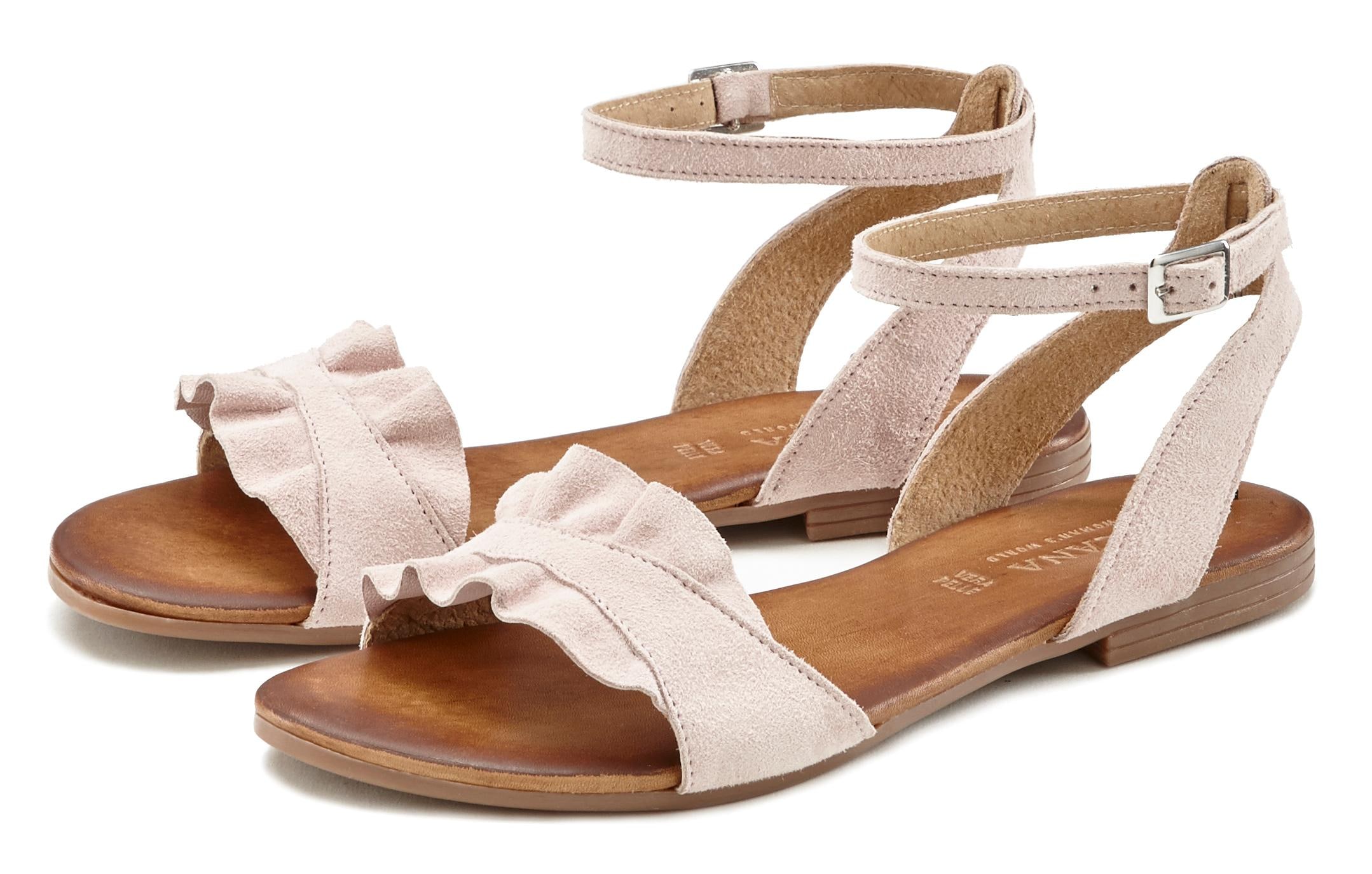 LASCANA Sandale "offener Schuh," Sandalette, Sommerschuh aus hochwertigem Leder mit kleinen Rüschen