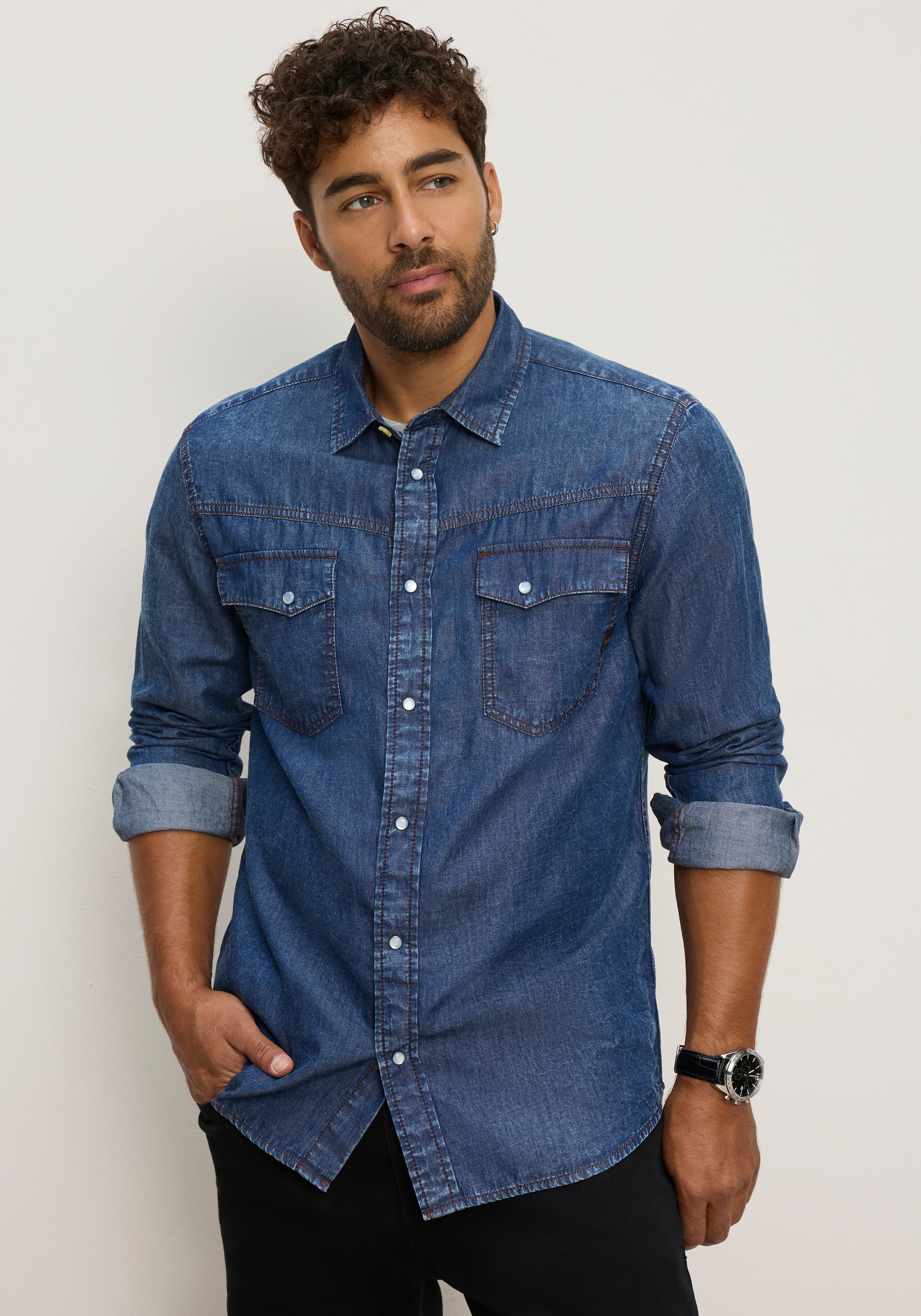 Bruno Banani Jeanshemd "schmal geschnitten" schmale Basic-Passform, aus Baumwolle in Denim-Jeans-Qualität
