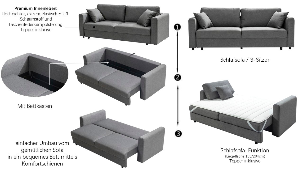 OTTO home Schlafsofa »LIOORA 3-Sitzer (240cm), Cord und Webstoff« Bettfunktion & Bettkasten, Premium Sitzkomfort (HR-Schaum/Federkern)