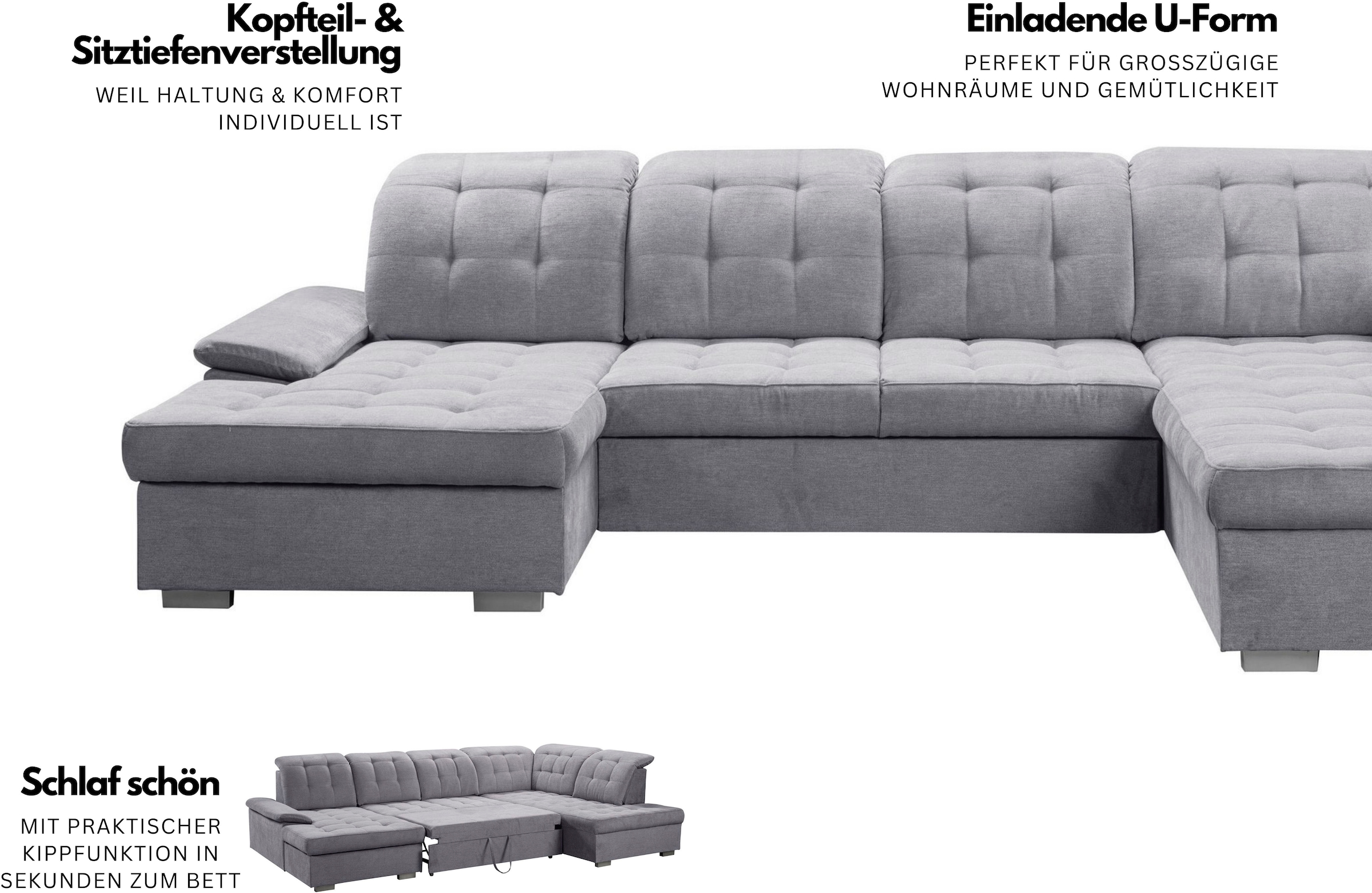 WERK2 Wohnlandschaft »Kordula-New Multifunktion Couch, Breite 332cm, U-Form« Sofa in U-Form mit Schlaffunktion & Bettkasten, Schlafcouch