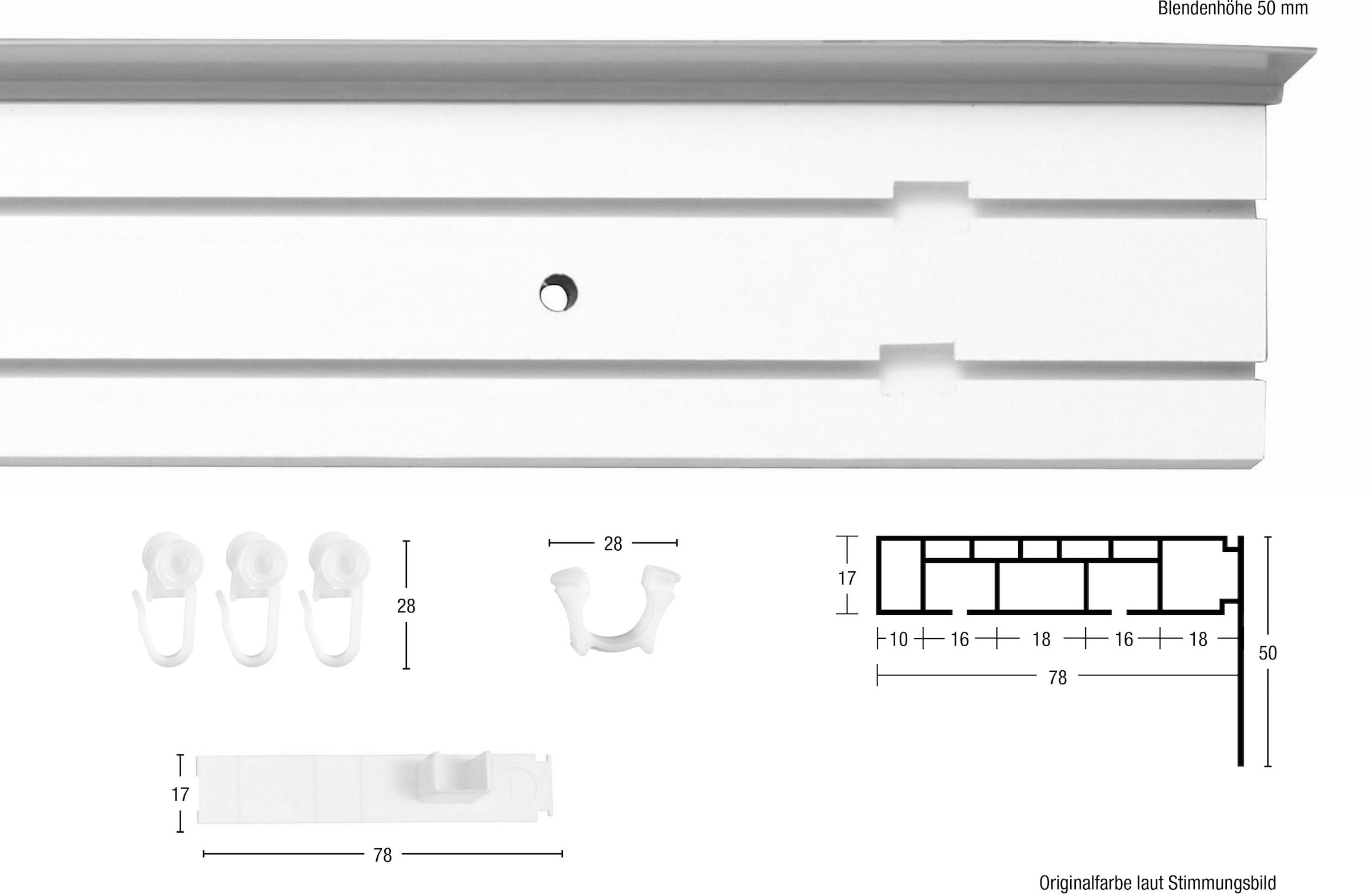 GARESA Gardinenschiene »Kunststoffschiene BAUR schlicht Wunschmaßlänge, einfache Montage, verlängerbar, läufig-läufig, | Blende«, Deckenmontage, mit 3