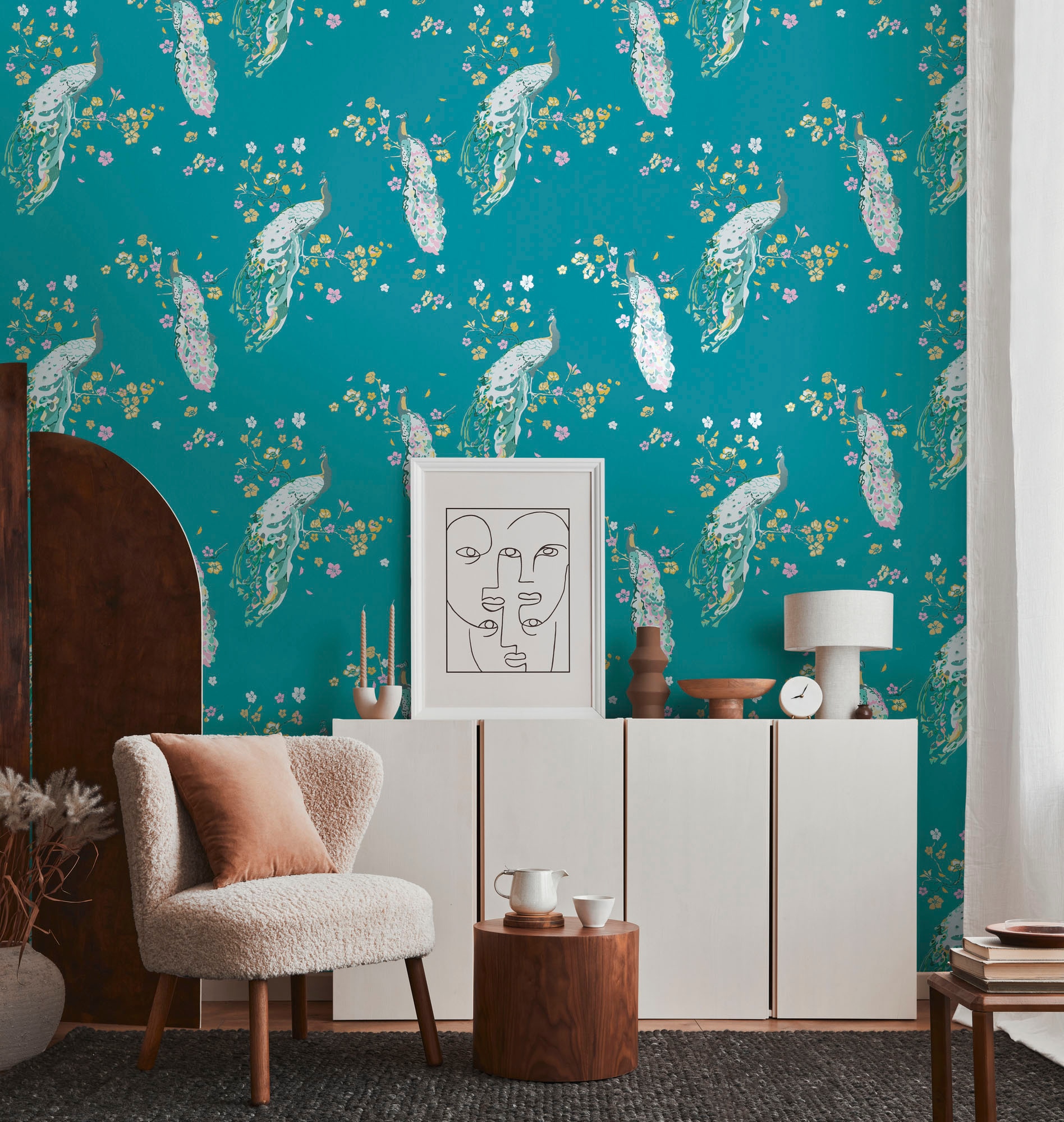kaufen Vogeltapete«, walls living Kunst of Turnowsky Vliestapete BAUR Floral | »House Blumentapete schimmernd-matt, Pfau extravagant