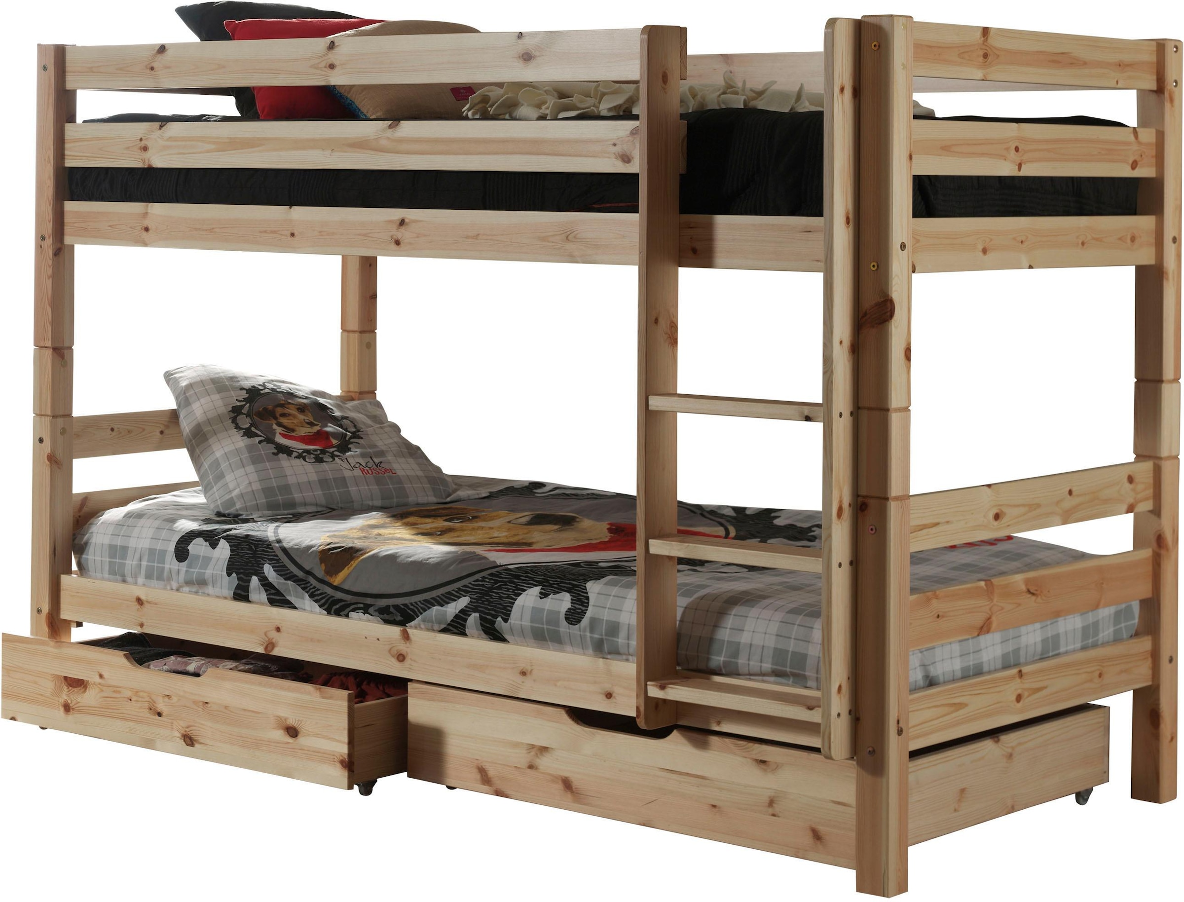 Vipack Etagenbett »Pino, Kiefer massiv, sehr standfest, Made in Europe«, (B/H/T ca. 210x140x105cm, inkl. Rolllattenroste, Absturzschutz), inkl. Leiter und 2 Schubladen, wahlweise Ausf. Weiß oder Natur