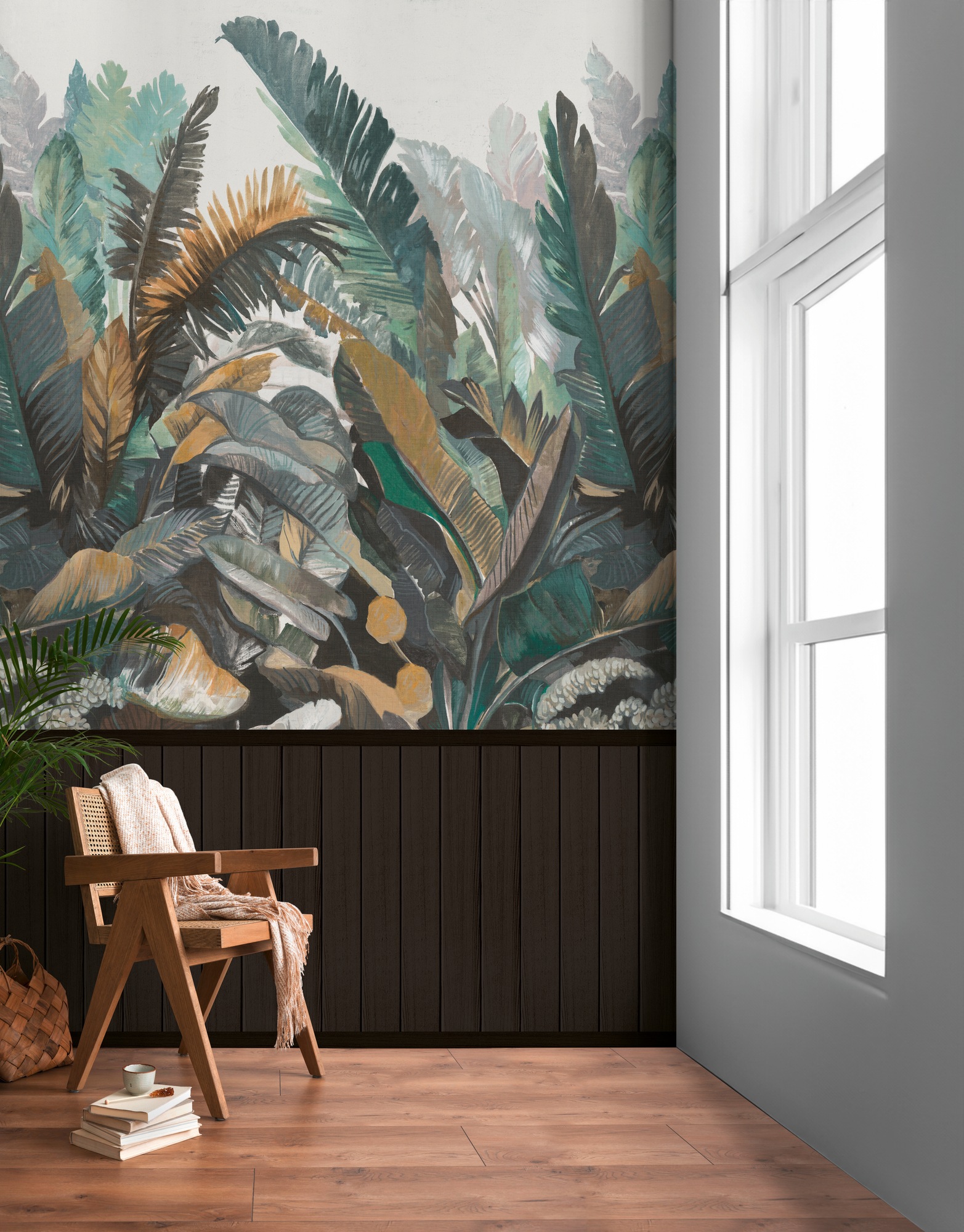 living walls Fototapete »Wallpanel Tapete Wandpaneele Motivtapete Dschungel Landhaus«, matt, Vliestapete Blätter für Schlafzimmer Küche Wohnzimmer Wandpaneele Flur