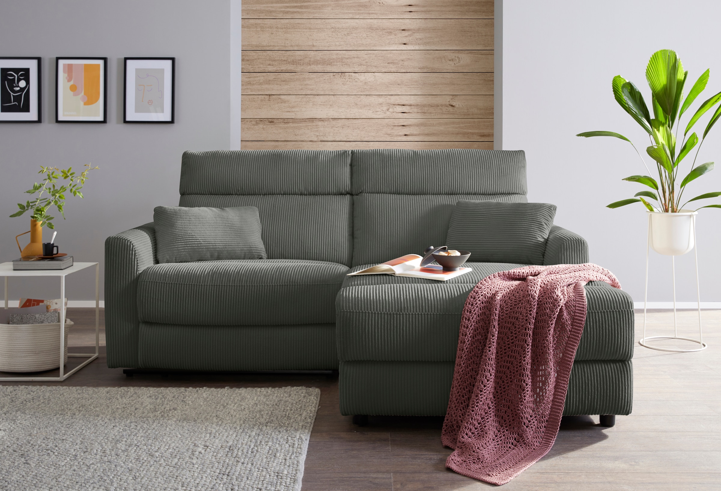 INOSIGN Ecksofa »JENNA, L-Form, 209cm, manuelle u. elektrische Funktion, mit USB A/C,«, Liegefunktion 105°-150°, Federkern, Cord