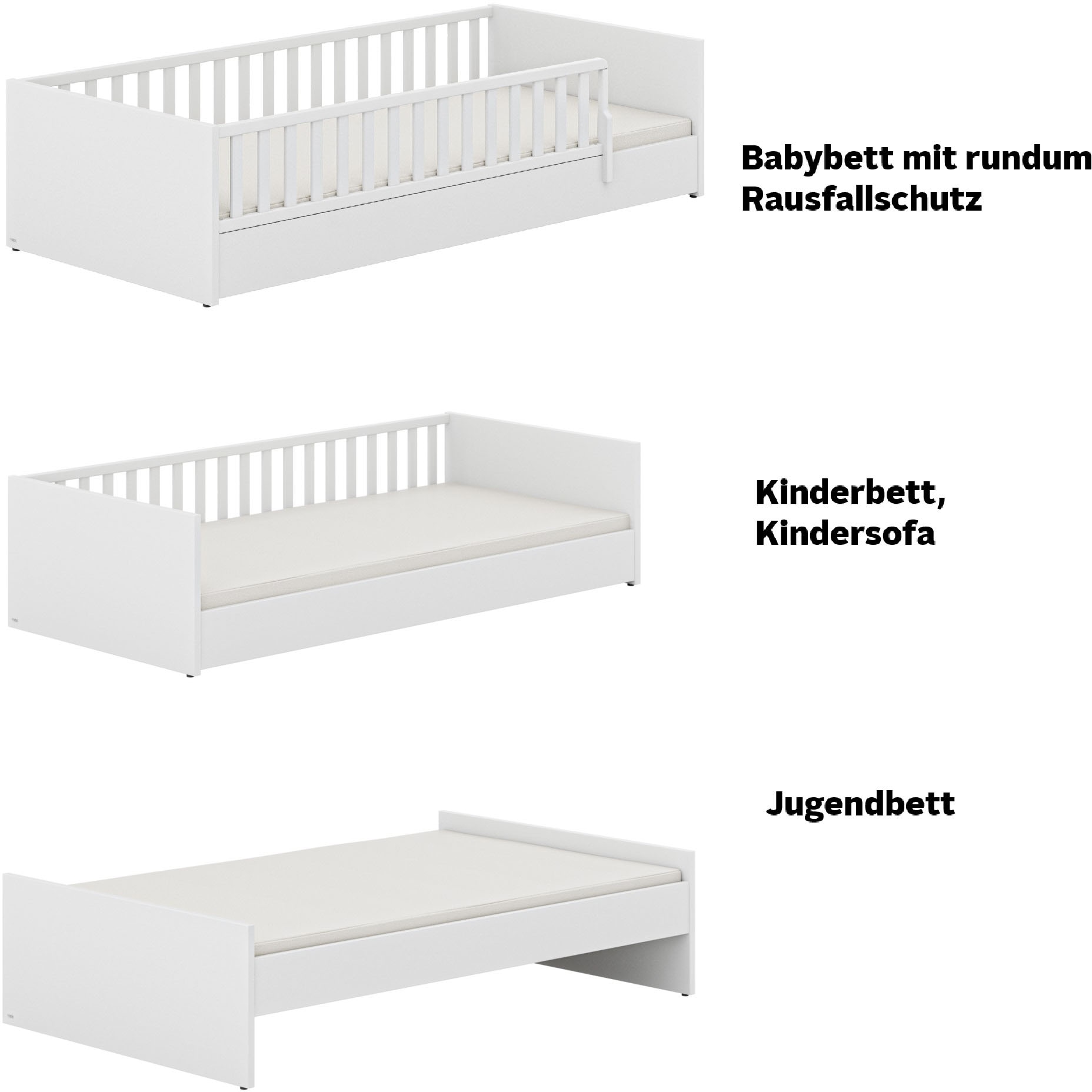 PAIDI Kinderbett »LITTLE FLO, vom Baby bis zum Teeni, in mehreren Farben und Breiten«, (Breite/Länge: 90x200cm + 120X200cm +140x200cm), umbaubar zum Kinder- oder Jugendbett, auch als Sofa nutzbar