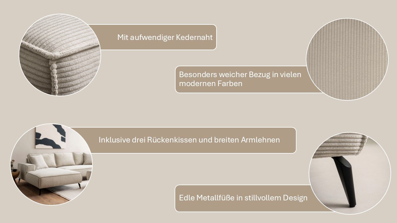 andas Sitzgruppe »TVINNU, Polsterecke mit Hocker, L-Form, Sofa in Cord«, (Set, 2 tlg.), mit aufwendiger Kedernaht, schwarze Füße