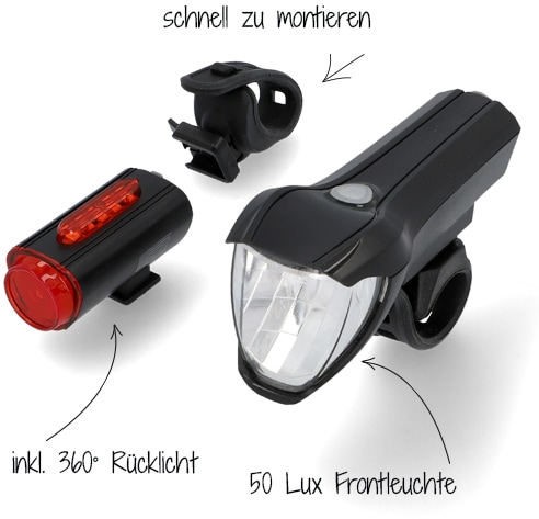 FISCHER Fahrrad Fahrradbeleuchtung »TWIN«, (Set, 3 tlg., Front- und Rücklicht), mit zusätzlicher Bodenleuchte