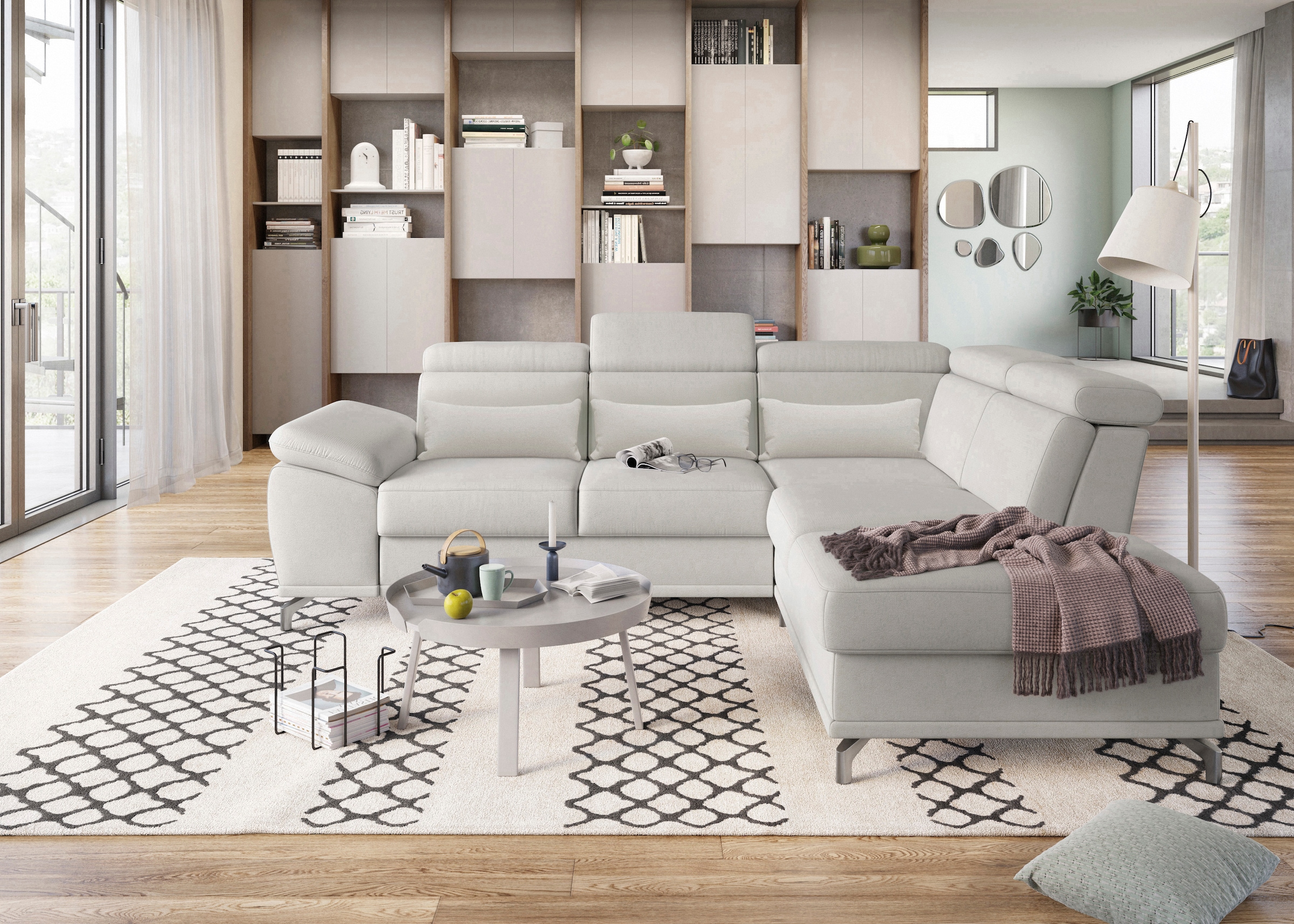 sit&more Ecksofa »Cabrio L-Form, mit Sitztiefenverstellung, Arm- und Kopfteilverstellung«, 3 Nierenkissen, Federkern, optional Bettfunktion und Stauraum
