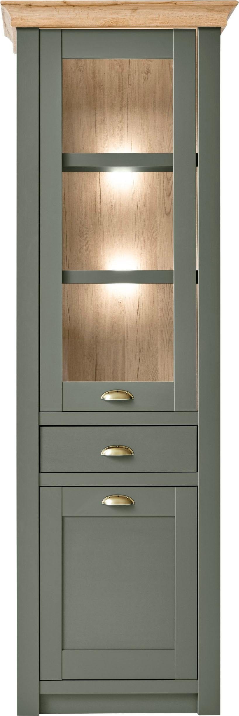 Home affaire Vitrine "Cambridge, Hochschrank im Landhausstil, Glasvitrine" schöne Kranzoptik, messingfarbene Metallgriffe, 207 cm hoch