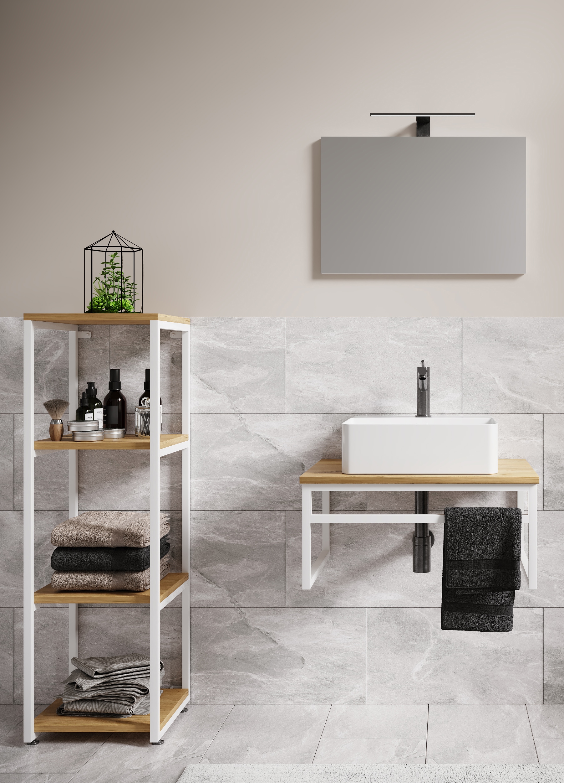 VCM Waschbeckenunterschrank »VCM 4-tlg. Waschplatz Waschtisch Badmöbel Set Waschbecken Holz Metall Industrial Style Bitila 60 V1«, (4 St.)