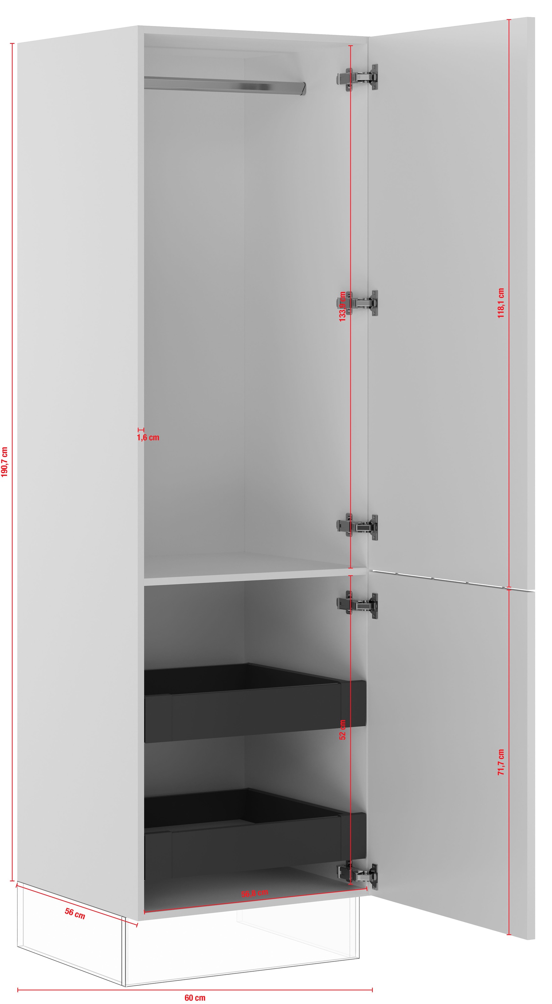 IMPULS KÜCHEN Seitenschrank »"Turin", Breite/Höhe: 60/190,7 cm, mit Kleiderstange«, vormontiert, mit Drehtür, mit Innenschubkästen