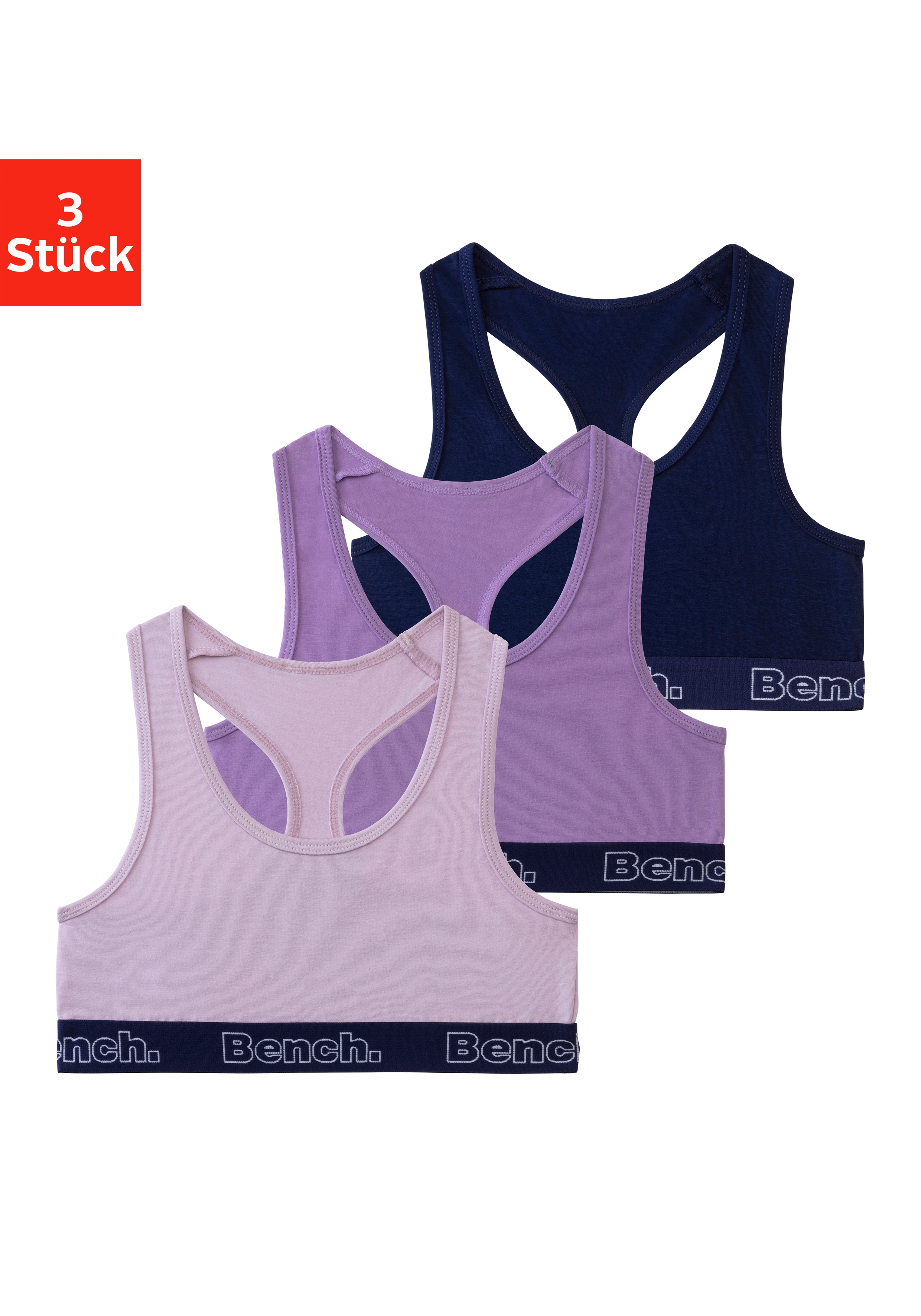 Bench. Bustier Packung, 3 Bündchen mit Logoschriftzug, Racerback, unifarben