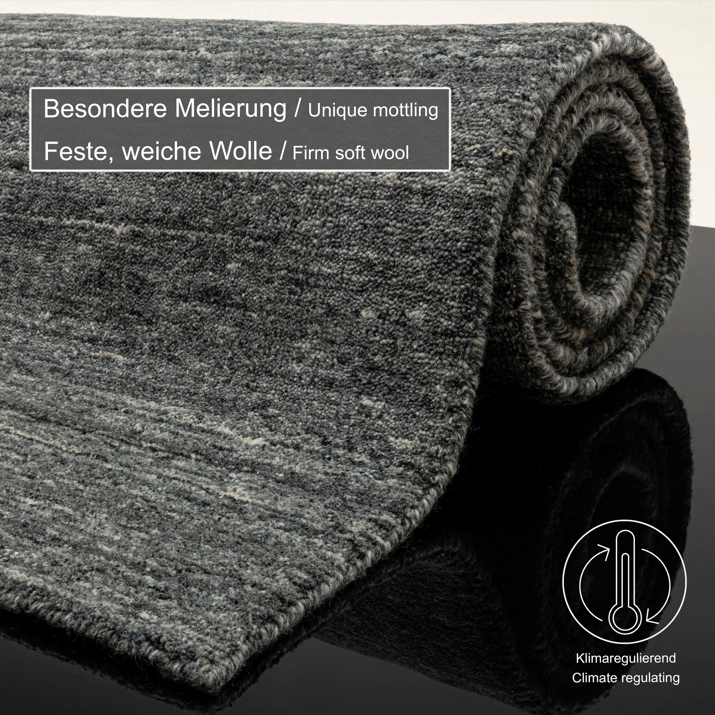Wollteppich THEKO "Pure UNI", grau (anthrazit), B:60cm H:14mm L:90cm, Schurwolle, Teppiche, Handwebteppich, meliert, reine Wolle, handgewebt 3