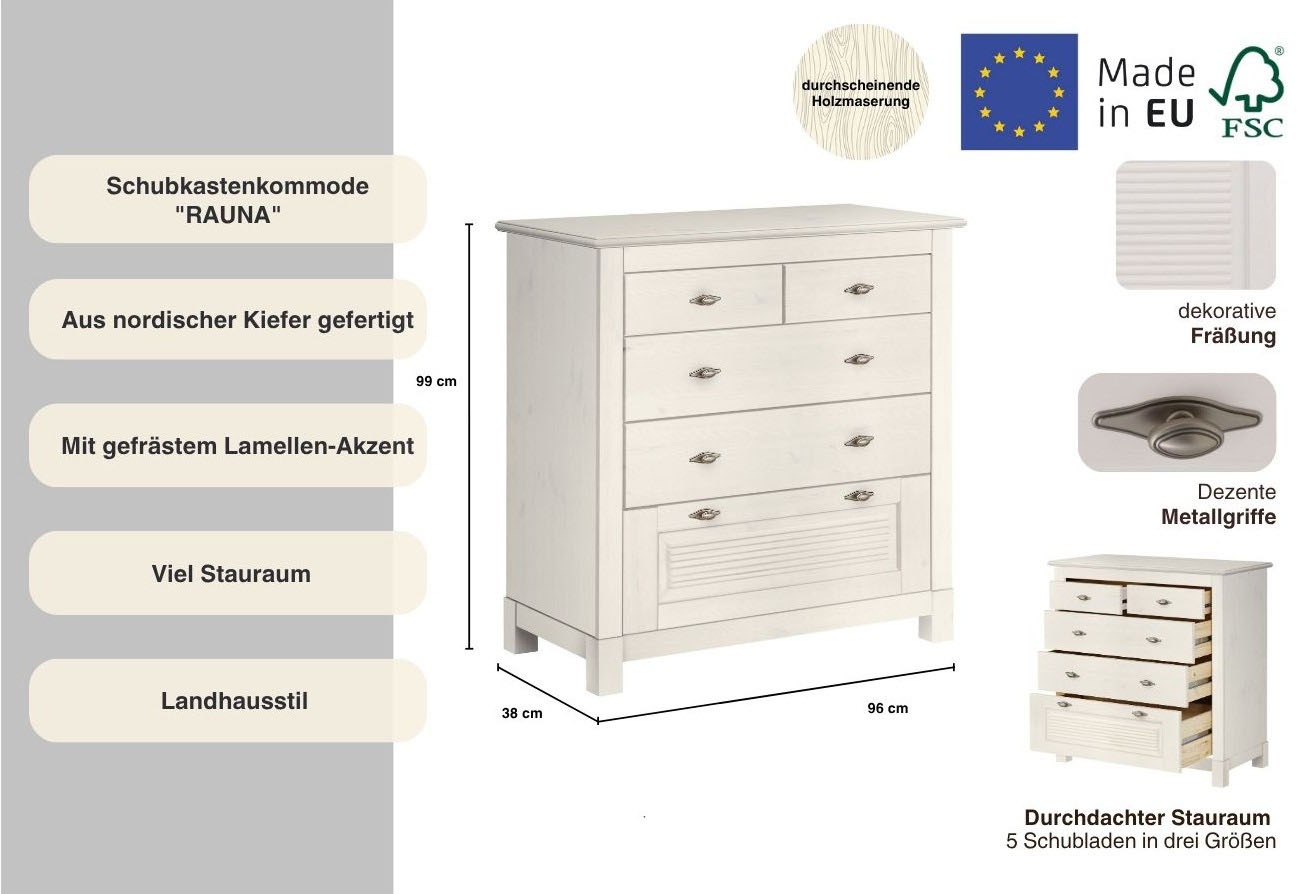 Home affaire Schubkastenkommode »Rauna«, aus massiver Kiefer mit 5 Schubladen, Breite 96 cm