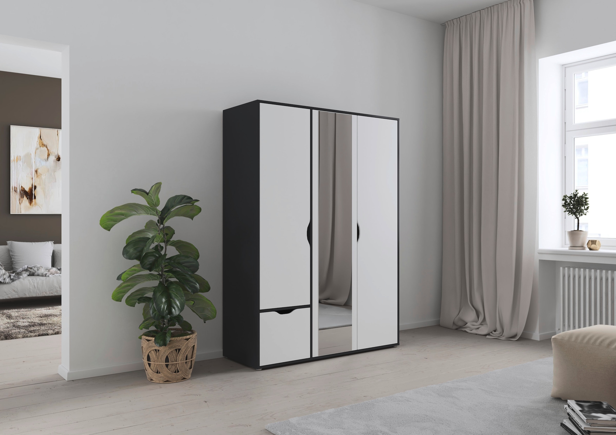 rauch Drehtürenschrank »Kleiderschrank Schrank Garderobe Wäscheschrank NARAI mit Schubladen«, (in 3 verschiedenen Ausstattungen BASIC/CLASSIC/PREMIUM), Griffausfräsungen für eine grifflose Optik TOPSELLER MADE IN GERMANY