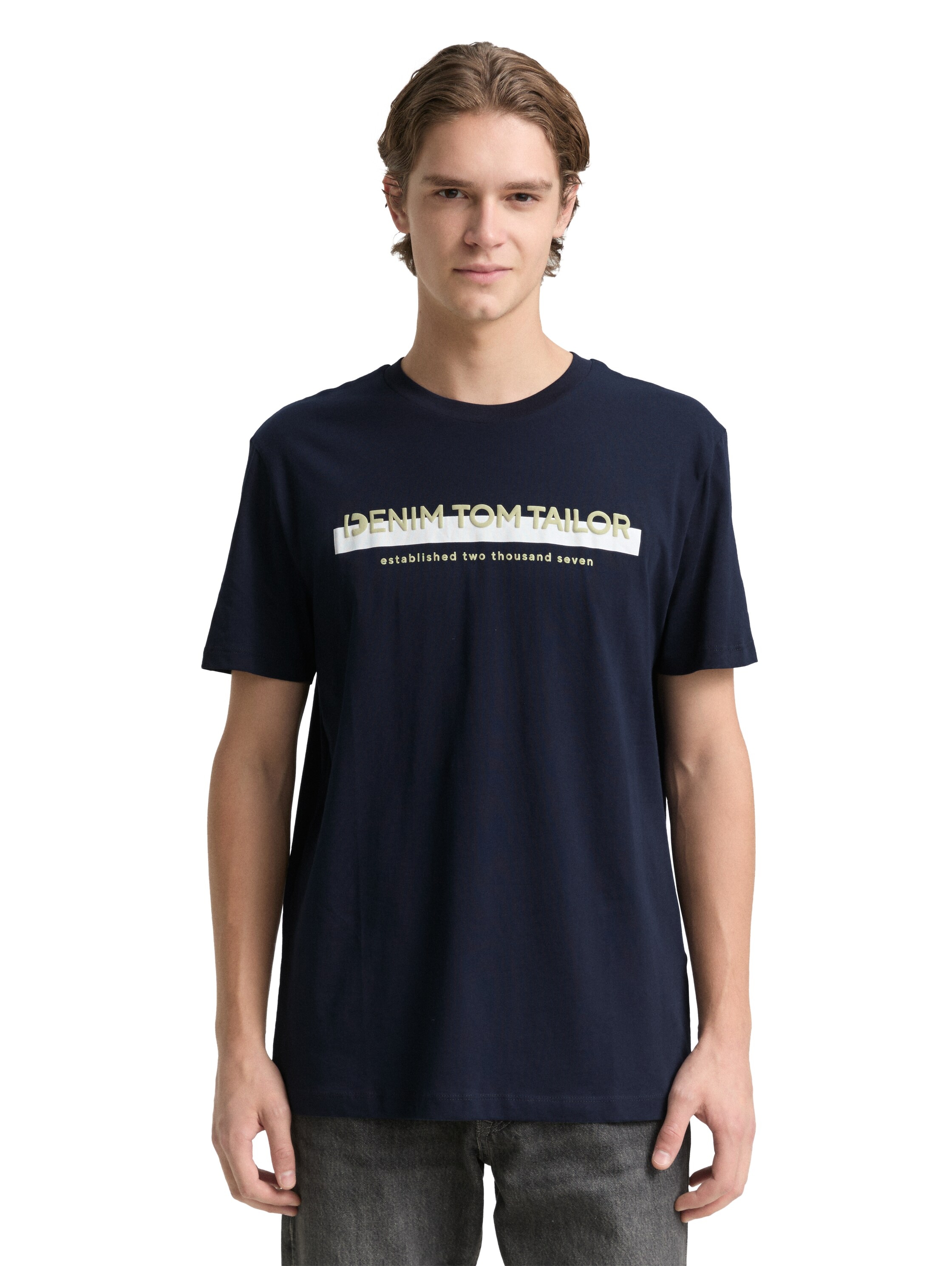 TOM TAILOR Denim Rundhalsshirt mit Logofrontprint