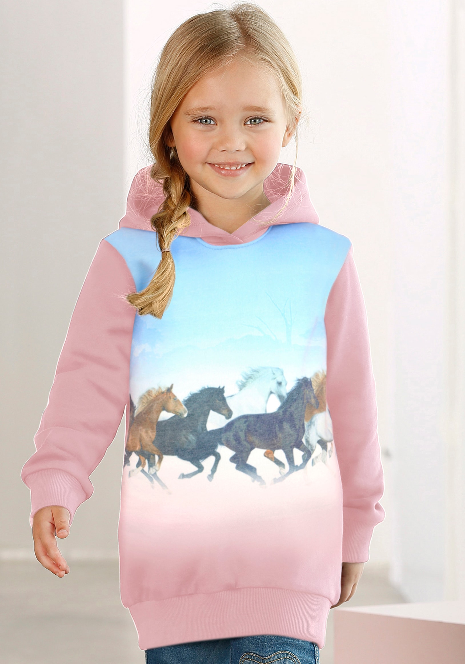 KIDSWORLD Kapuzensweatshirt "für kleine Mädchen", Langarm, bedruckt, mit Kapuze, aus angerauter Sweatware