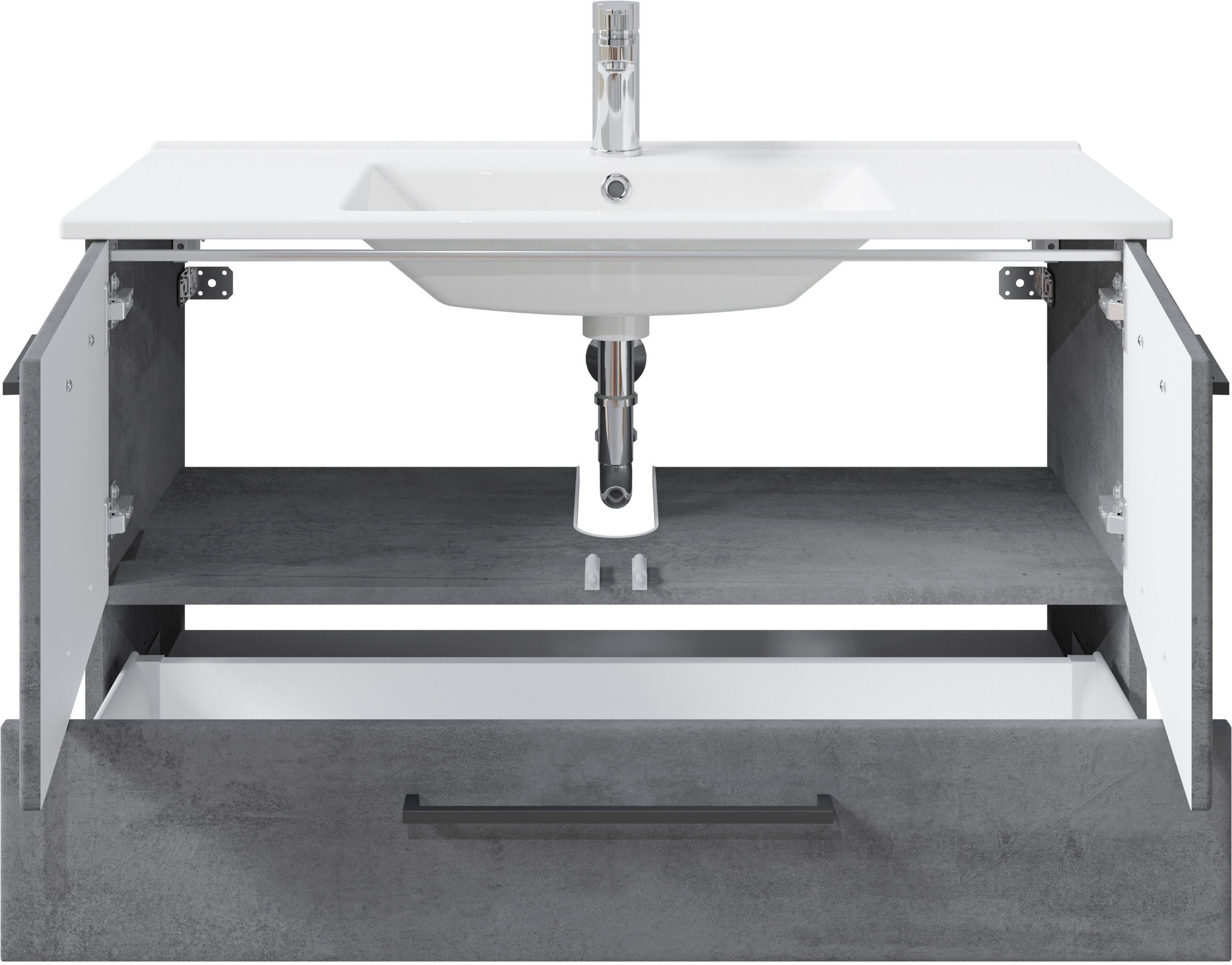 Saphir Badmöbel-Set »Quickset 945 3-teilig, Keramik-Waschtisch mit LED-Spiegelschrank«, (4 St.), Unterschrank, 6 Türen, 3 Schubladen, 8 Einlegeböden, inkl. Türdämpfer
